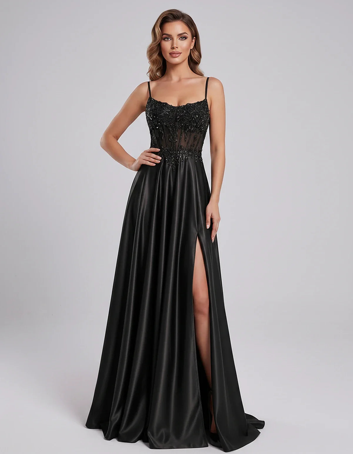 Satin Lace Applique Spaghetti Strap Sweetheart A-Line Maxi Dress for Party, Cocktail, Evening, Wedding Guest & Summer Events, | SKU: VMD-582741963852741-BLACK-L,VMD-582741963852741-BLACK-M,VMD-582741963852741-BLACK-S,VMD-582741963852741-BLACK-XL,VMD-582741963852741-BLACK-XS