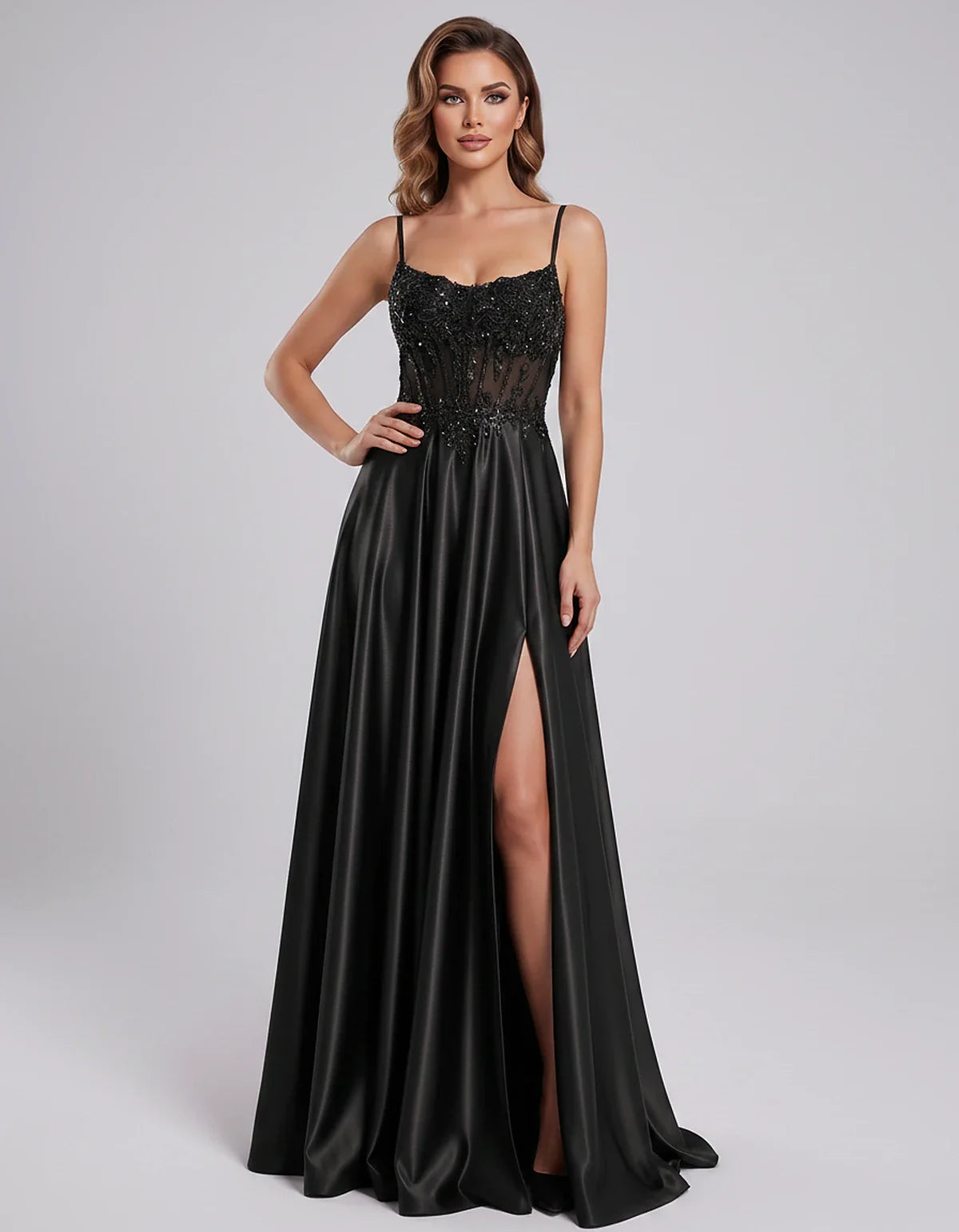 Satin Lace Applique Spaghetti Strap Sweetheart A-Line Maxi Dress for Party, Cocktail, Evening, Wedding Guest & Summer Events, | SKU: VMD-582741963852741-BLACK-L,VMD-582741963852741-BLACK-M,VMD-582741963852741-BLACK-S,VMD-582741963852741-BLACK-XL,VMD-582741963852741-BLACK-XS