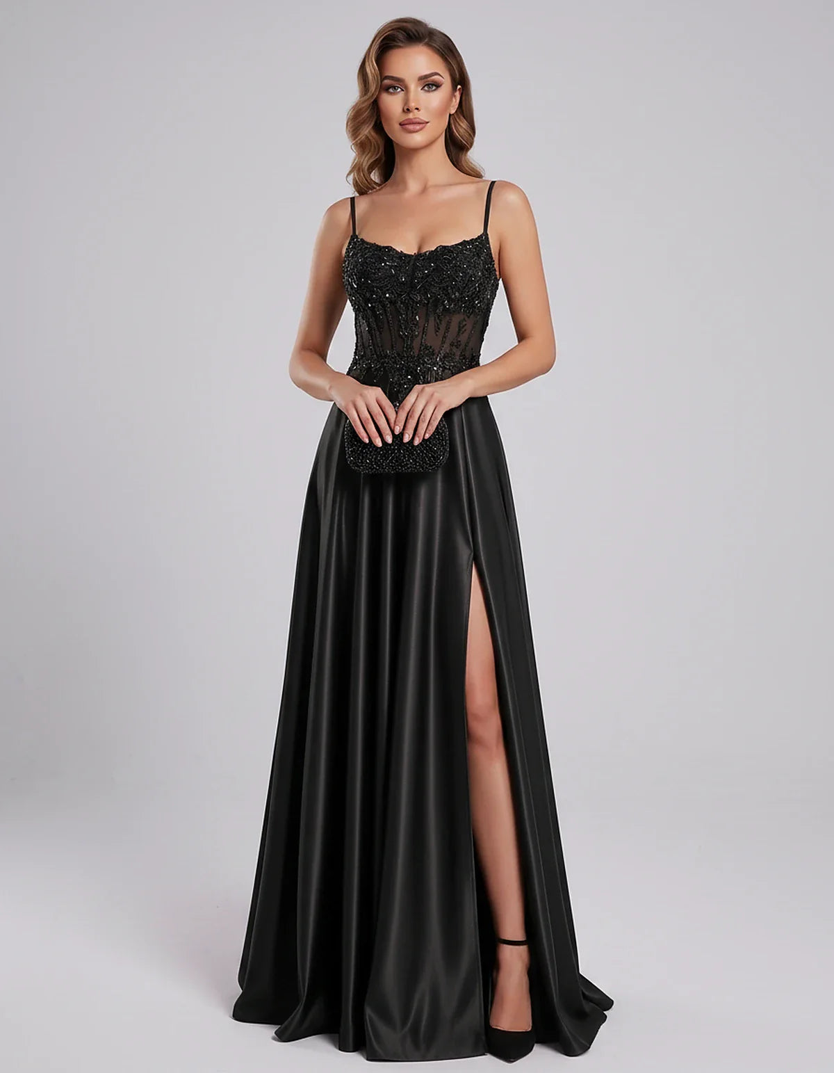 Satin Lace Applique Spaghetti Strap Sweetheart A-Line Maxi Dress for Party, Cocktail, Evening, Wedding Guest & Summer Events, | SKU: VMD-582741963852741-BLACK-L,VMD-582741963852741-BLACK-M,VMD-582741963852741-BLACK-S,VMD-582741963852741-BLACK-XL,VMD-582741963852741-BLACK-XS