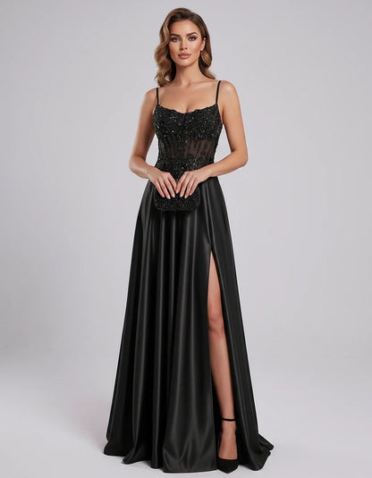 Satin Lace Applique Spaghetti Strap Sweetheart A-Line Maxi Dress for Party, Cocktail, Evening, Wedding Guest & Summer Events, | SKU: VMD-582741963852741-BLACK-L,VMD-582741963852741-BLACK-M,VMD-582741963852741-BLACK-S,VMD-582741963852741-BLACK-XL,VMD-582741963852741-BLACK-XS