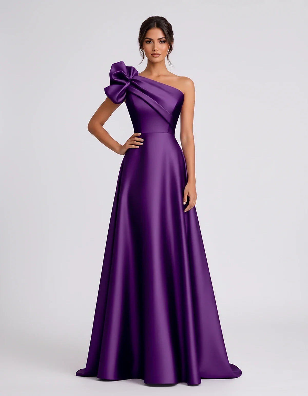 Satin Sleeveless One-Shoulder A-Line Maxi Dress for Party, Cocktail, Evening, Wedding Guest, Summer Formal Events, front view | SKU: VMD-583920174628451-PURPLE-L,VMD-583920174628451-PURPLE-M,VMD-583920174628451-PURPLE-S,VMD-583920174628451-PURPLE-XL,VMD-583920174628451-PURPLE-XS