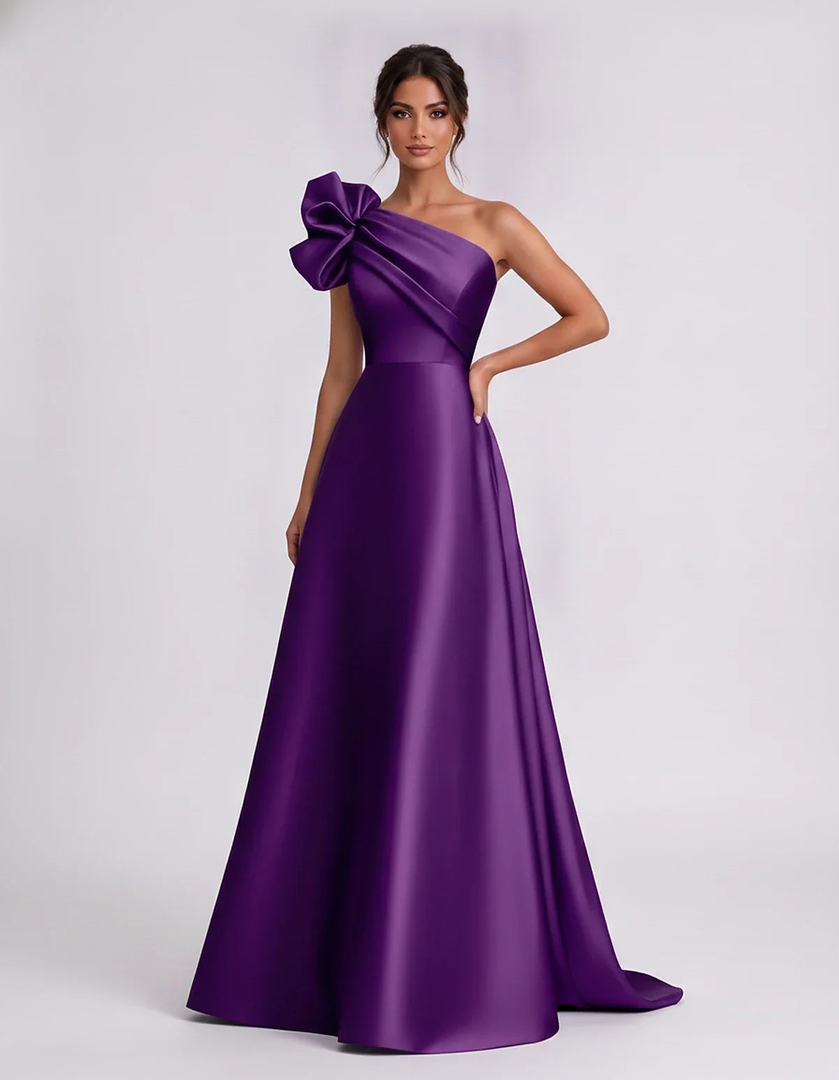 Satin Sleeveless One-Shoulder A-Line Maxi Dress for Party, Cocktail, Evening, Wedding Guest, Summer Formal Events, front view | SKU: VMD-583920174628451-PURPLE-L,VMD-583920174628451-PURPLE-M,VMD-583920174628451-PURPLE-S,VMD-583920174628451-PURPLE-XL,VMD-583920174628451-PURPLE-XS