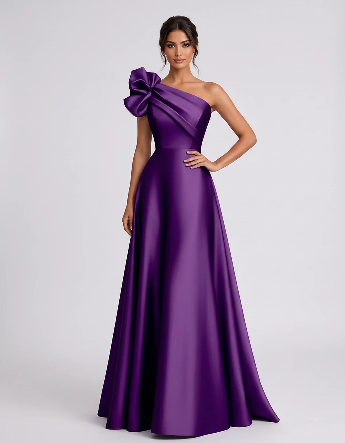 Satin Sleeveless One-Shoulder A-Line Maxi Dress for Party, Cocktail, Evening, Wedding Guest, Summer Formal Events, front view | SKU: VMD-583920174628451-PURPLE-L,VMD-583920174628451-PURPLE-M,VMD-583920174628451-PURPLE-S,VMD-583920174628451-PURPLE-XL,VMD-583920174628451-PURPLE-XS