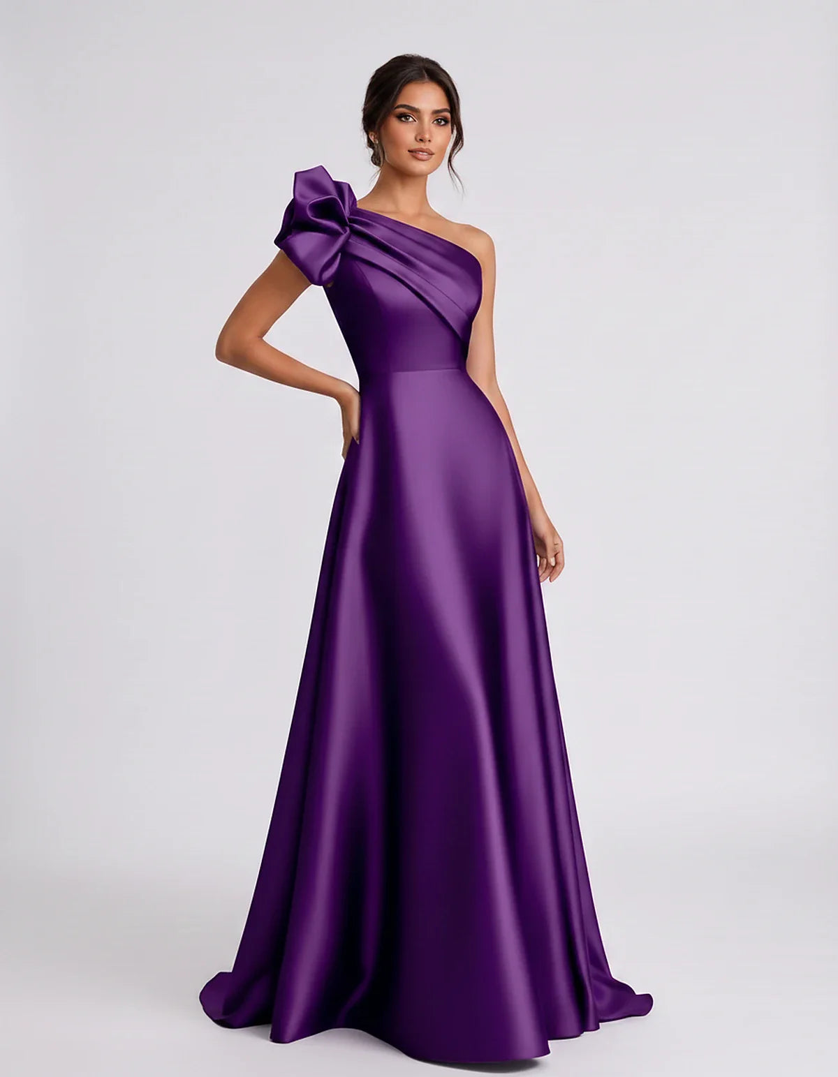 Satin Sleeveless One-Shoulder A-Line Maxi Dress for Party, Cocktail, Evening, Wedding Guest, Summer Formal Events, front view | SKU: VMD-583920174628451-PURPLE-L,VMD-583920174628451-PURPLE-M,VMD-583920174628451-PURPLE-S,VMD-583920174628451-PURPLE-XL,VMD-583920174628451-PURPLE-XS
