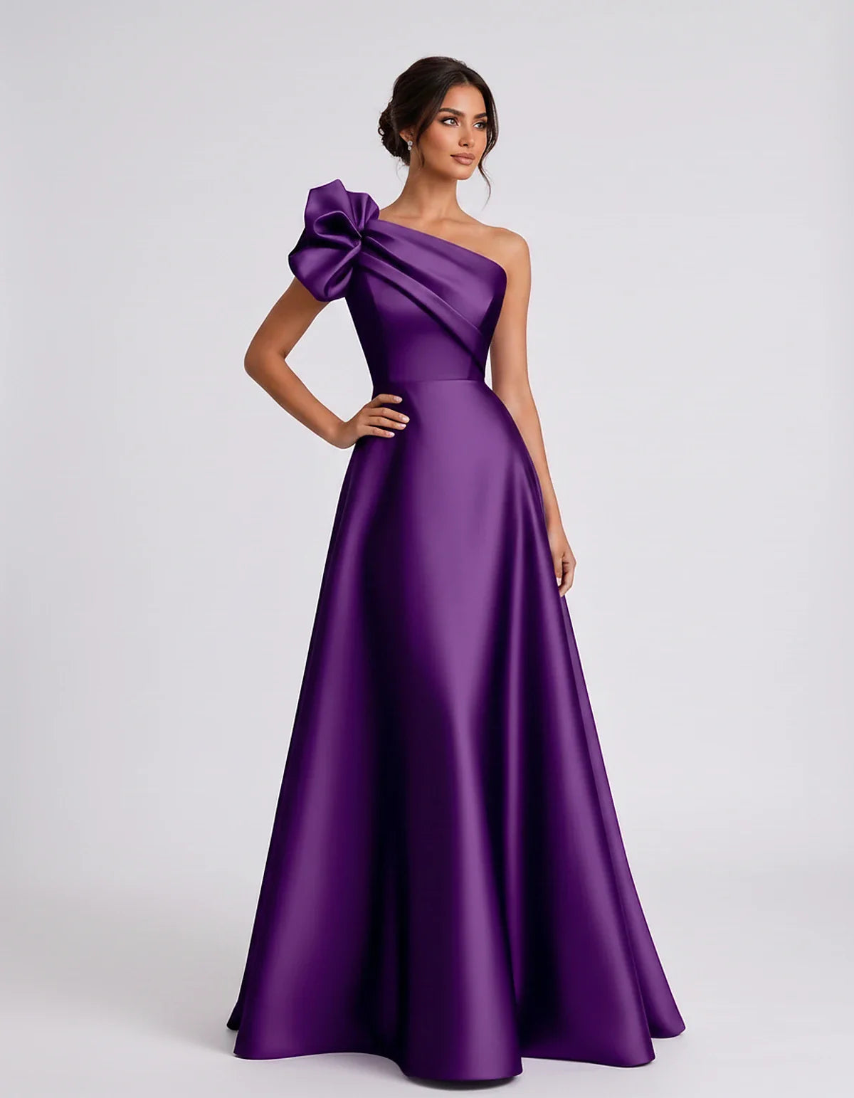 Satin Sleeveless One-Shoulder A-Line Maxi Dress for Party, Cocktail, Evening, Wedding Guest, Summer Formal Events, front view | SKU: VMD-583920174628451-PURPLE-L,VMD-583920174628451-PURPLE-M,VMD-583920174628451-PURPLE-S,VMD-583920174628451-PURPLE-XL,VMD-583920174628451-PURPLE-XS