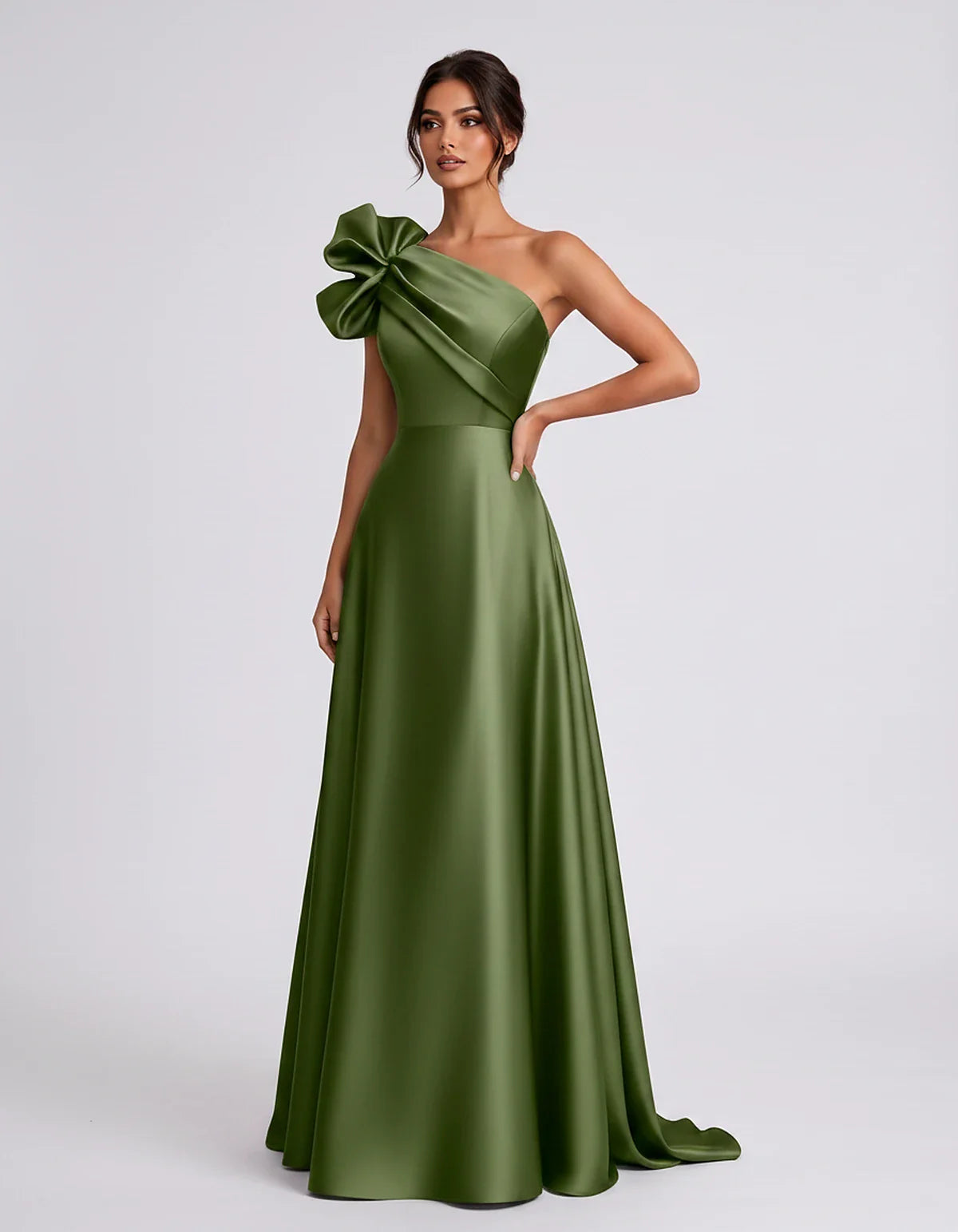 Satin Sleeveless One-Shoulder A-Line Maxi Dress for Party, Cocktail, Evening, Wedding Guest, Summer Formal Events, front view | SKU: VMD-583920174628451-OLIVE-L,VMD-583920174628451-OLIVE-M,VMD-583920174628451-OLIVE-S,VMD-583920174628451-OLIVE-XL,VMD-583920174628451-OLIVE-XS