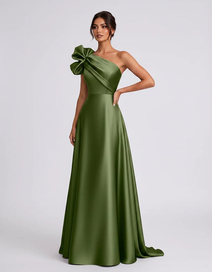 Satin Sleeveless One-Shoulder A-Line Maxi Dress for Party, Cocktail, Evening, Wedding Guest, Summer Formal Events, front view | SKU: VMD-583920174628451-OLIVE-L,VMD-583920174628451-OLIVE-M,VMD-583920174628451-OLIVE-S,VMD-583920174628451-OLIVE-XL,VMD-583920174628451-OLIVE-XS