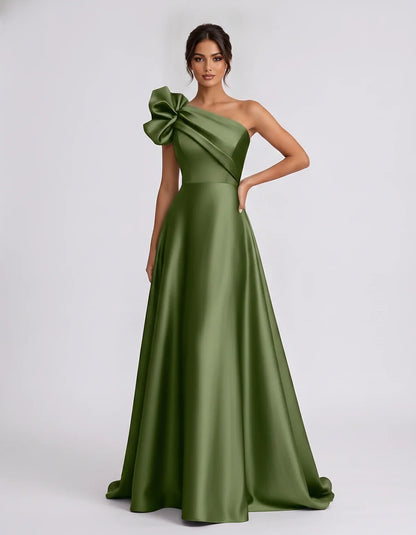 Satin Sleeveless One-Shoulder A-Line Maxi Dress for Party, Cocktail, Evening, Wedding Guest, Summer Formal Events, front view | SKU: VMD-583920174628451-OLIVE-L,VMD-583920174628451-OLIVE-M,VMD-583920174628451-OLIVE-S,VMD-583920174628451-OLIVE-XL,VMD-583920174628451-OLIVE-XS