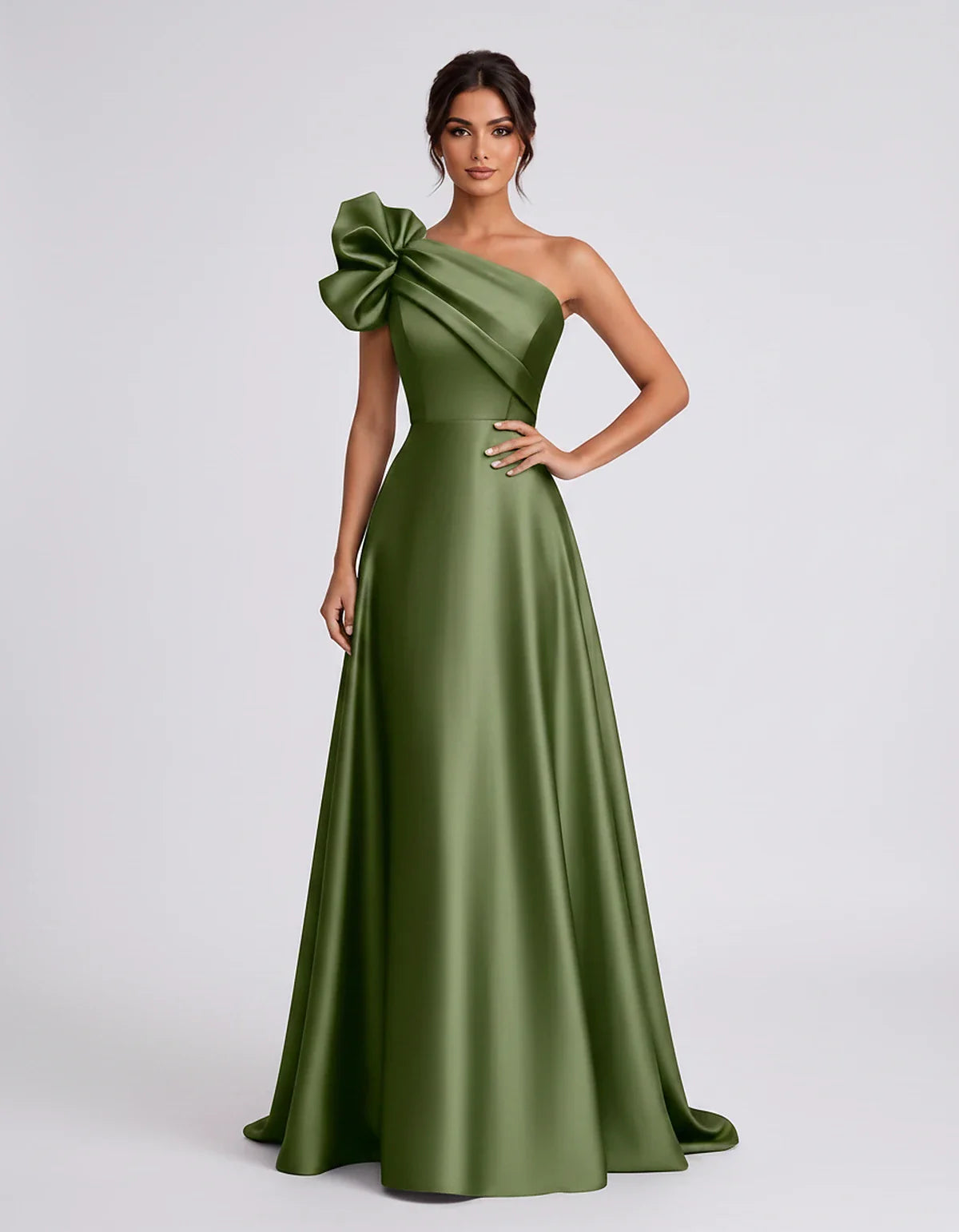 Satin Sleeveless One-Shoulder A-Line Maxi Dress for Party, Cocktail, Evening, Wedding Guest, Summer Formal Events, front view | SKU: VMD-583920174628451-OLIVE-L,VMD-583920174628451-OLIVE-M,VMD-583920174628451-OLIVE-S,VMD-583920174628451-OLIVE-XL,VMD-583920174628451-OLIVE-XS