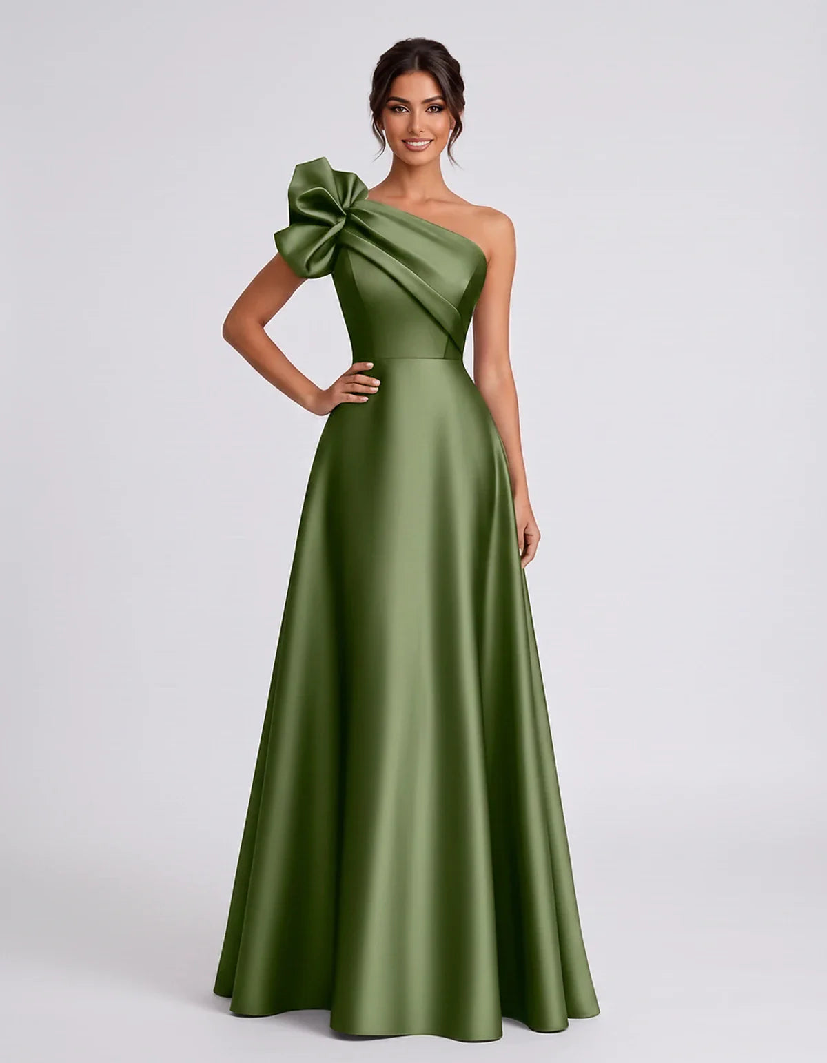 Satin Sleeveless One-Shoulder A-Line Maxi Dress for Party, Cocktail, Evening, Wedding Guest, Summer Formal Events, front view | SKU: VMD-583920174628451-OLIVE-L,VMD-583920174628451-OLIVE-M,VMD-583920174628451-OLIVE-S,VMD-583920174628451-OLIVE-XL,VMD-583920174628451-OLIVE-XS