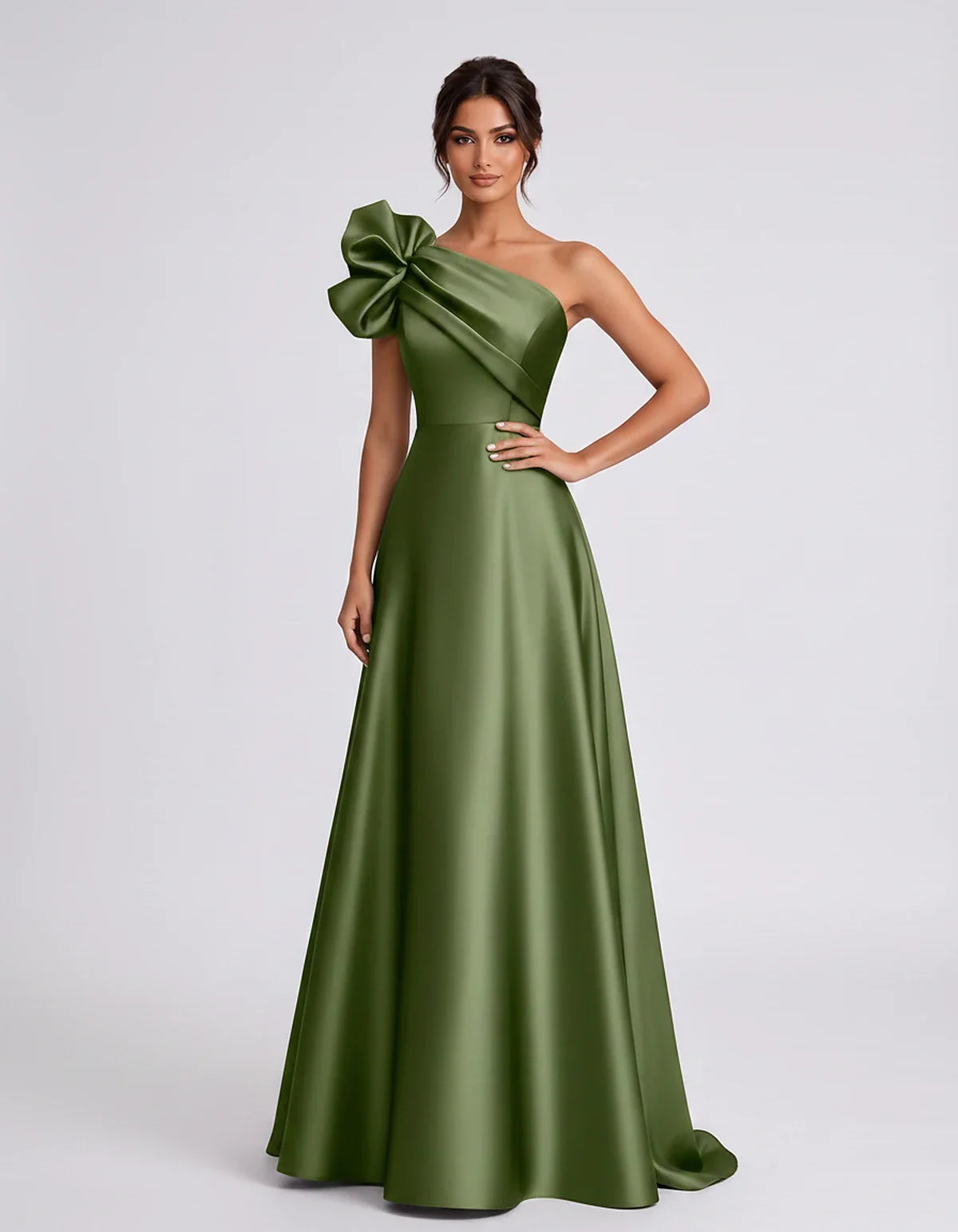Satin Sleeveless One-Shoulder A-Line Maxi Dress for Party, Cocktail, Evening, Wedding Guest, Summer Formal Events, front view | SKU: VMD-583920174628451-OLIVE-L,VMD-583920174628451-OLIVE-M,VMD-583920174628451-OLIVE-S,VMD-583920174628451-OLIVE-XL,VMD-583920174628451-OLIVE-XS