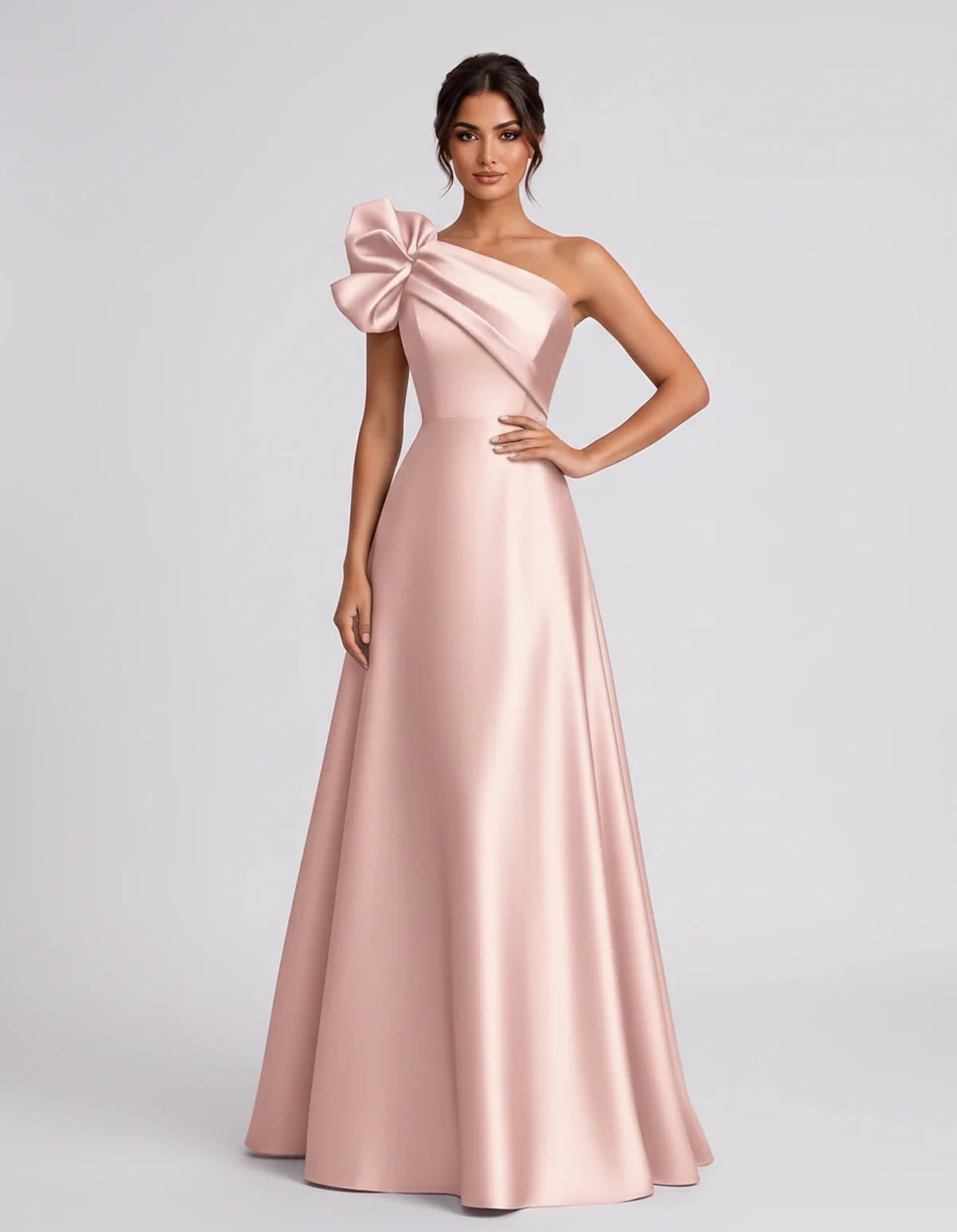 Satin Sleeveless One-Shoulder A-Line Maxi Dress for Party, Cocktail, Evening, Wedding Guest, Summer Formal Events, front view | SKU: VMD-583920174628451-BLUSH-L,VMD-583920174628451-BLUSH-M,VMD-583920174628451-BLUSH-S,VMD-583920174628451-BLUSH-XL,VMD-583920174628451-BLUSH-XS