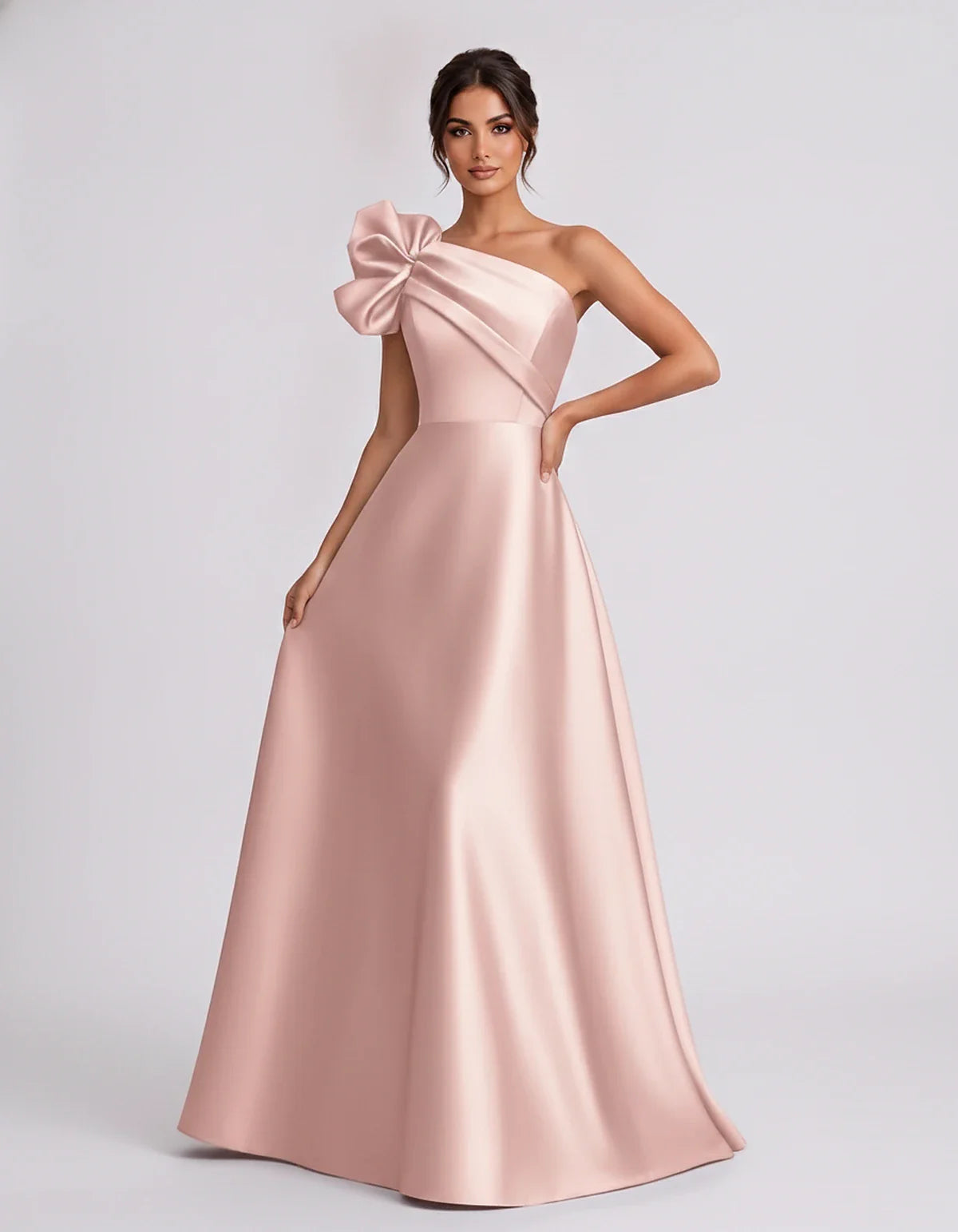 Satin Sleeveless One-Shoulder A-Line Maxi Dress for Party, Cocktail, Evening, Wedding Guest, Summer Formal Events, front view | SKU: VMD-583920174628451-BLUSH-L,VMD-583920174628451-BLUSH-M,VMD-583920174628451-BLUSH-S,VMD-583920174628451-BLUSH-XL,VMD-583920174628451-BLUSH-XS