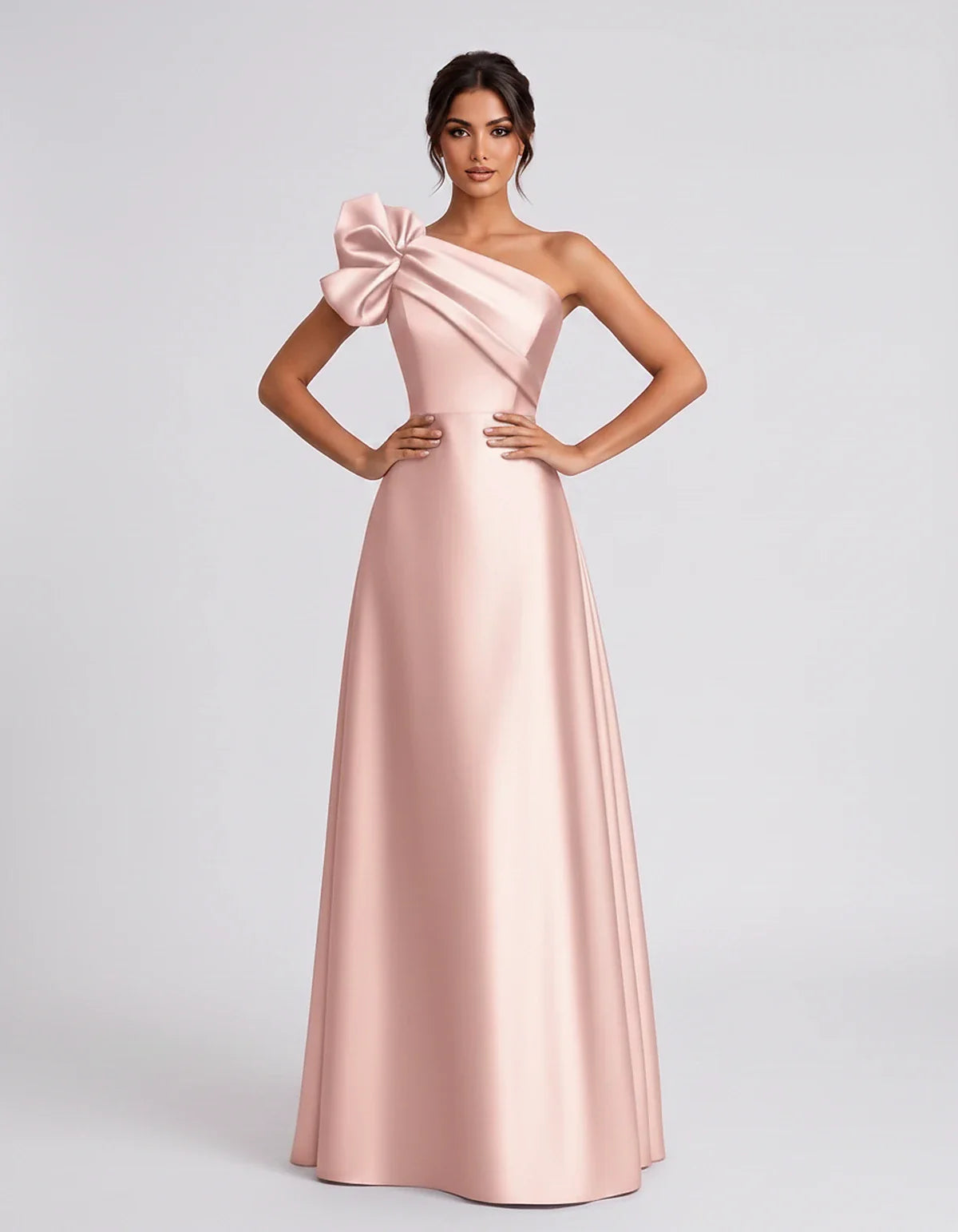 Satin Sleeveless One-Shoulder A-Line Maxi Dress for Party, Cocktail, Evening, Wedding Guest, Summer Formal Events, front view | SKU: VMD-583920174628451-BLUSH-L,VMD-583920174628451-BLUSH-M,VMD-583920174628451-BLUSH-S,VMD-583920174628451-BLUSH-XL,VMD-583920174628451-BLUSH-XS
