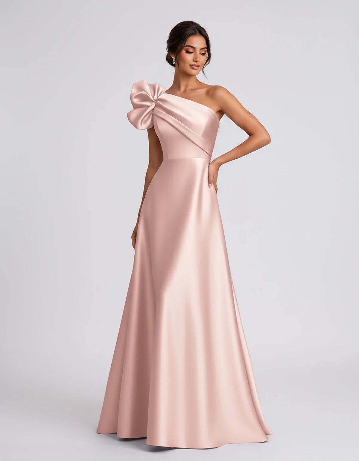 Satin Sleeveless One-Shoulder A-Line Maxi Dress for Party, Cocktail, Evening, Wedding Guest, Summer Formal Events, front view | SKU: VMD-583920174628451-BLUSH-L,VMD-583920174628451-BLUSH-M,VMD-583920174628451-BLUSH-S,VMD-583920174628451-BLUSH-XL,VMD-583920174628451-BLUSH-XS