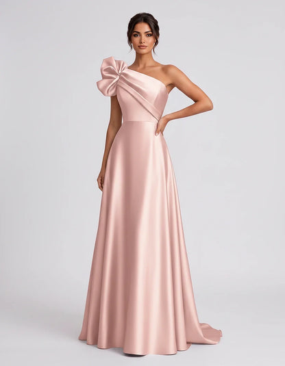 Satin Sleeveless One-Shoulder A-Line Maxi Dress for Party, Cocktail, Evening, Wedding Guest, Summer Formal Events, front view | SKU: VMD-583920174628451-BLUSH-L,VMD-583920174628451-BLUSH-M,VMD-583920174628451-BLUSH-S,VMD-583920174628451-BLUSH-XL,VMD-583920174628451-BLUSH-XS