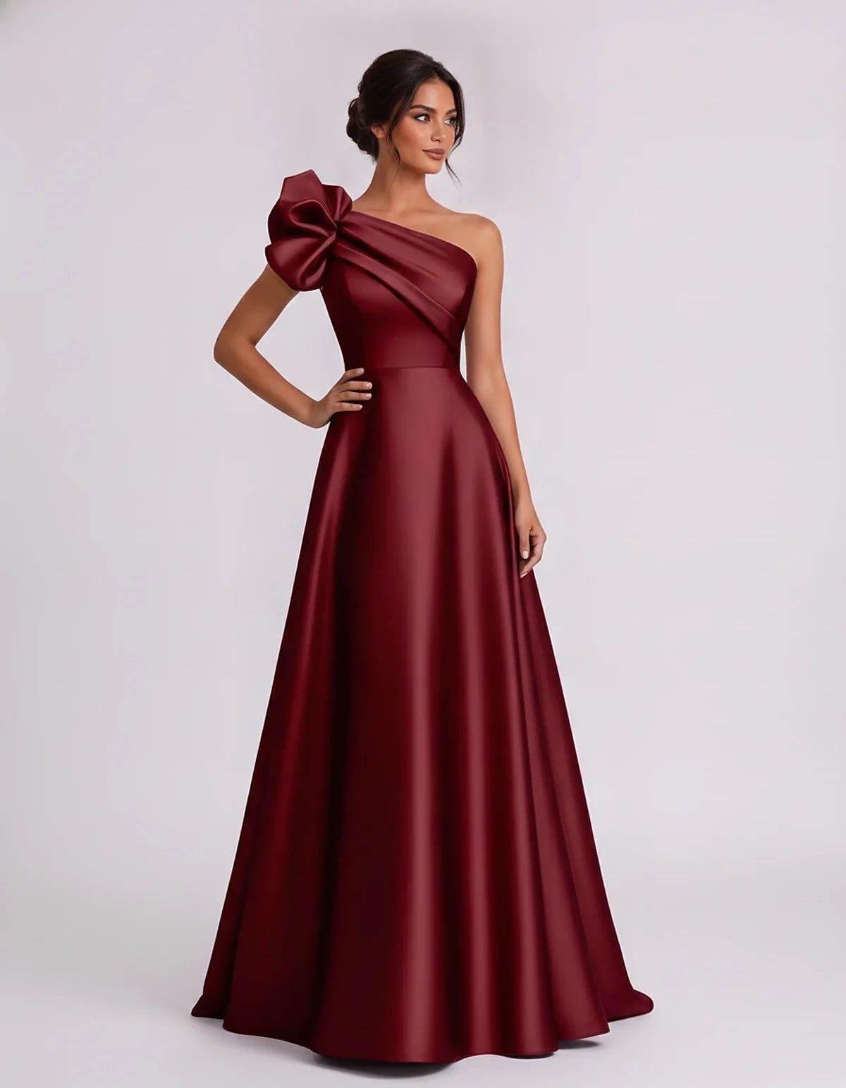 Satin Sleeveless One-Shoulder A-Line Maxi Dress for Party, Cocktail, Evening, Wedding Guest, Summer Formal Events, front view | SKU: VMD-583920174628451-BURGUNDY-L,VMD-583920174628451-BURGUNDY-M,VMD-583920174628451-BURGUNDY-S,VMD-583920174628451-BURGUNDY-XL,VMD-583920174628451-BURGUNDY-XS