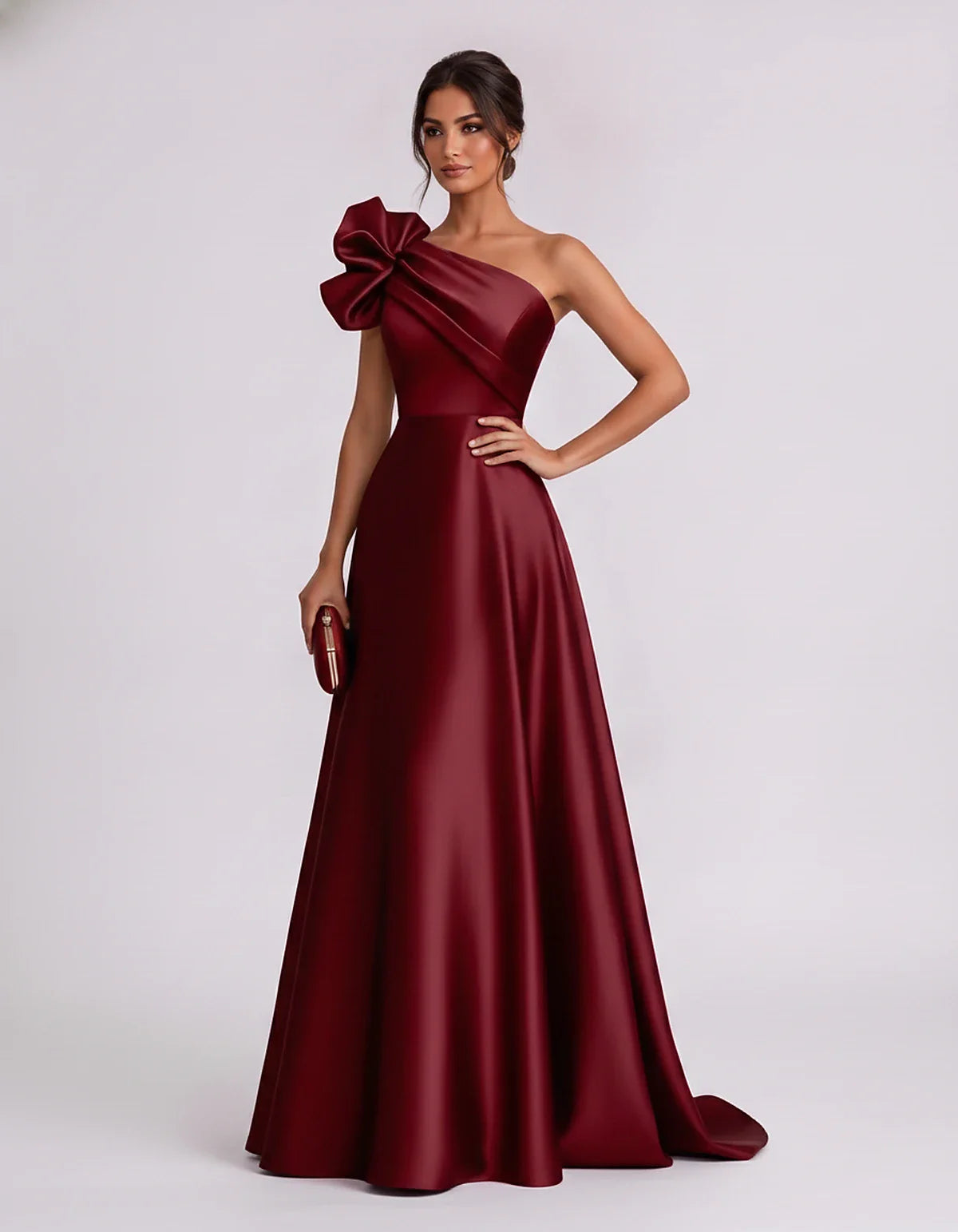 Satin Sleeveless One-Shoulder A-Line Maxi Dress for Party, Cocktail, Evening, Wedding Guest, Summer Formal Events, front view | SKU: VMD-583920174628451-BURGUNDY-L,VMD-583920174628451-BURGUNDY-M,VMD-583920174628451-BURGUNDY-S,VMD-583920174628451-BURGUNDY-XL,VMD-583920174628451-BURGUNDY-XS