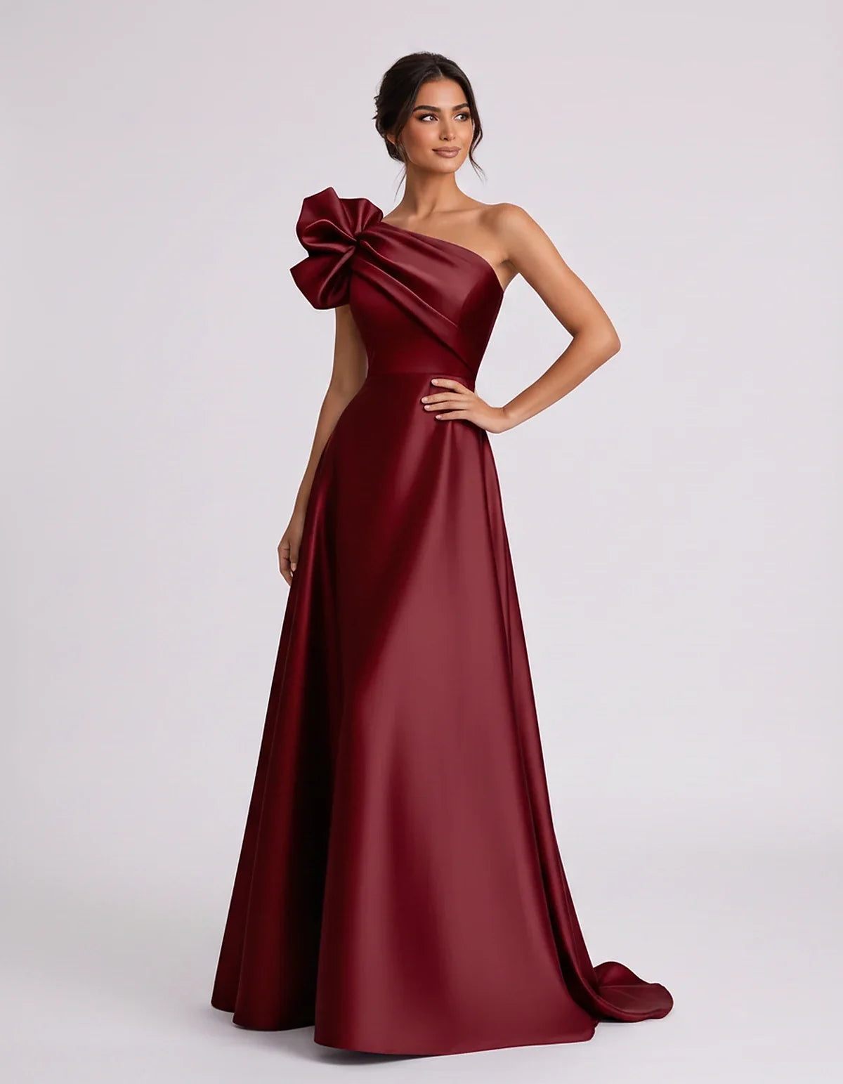 Satin Sleeveless One-Shoulder A-Line Maxi Dress for Party, Cocktail, Evening, Wedding Guest, Summer Formal Events, front view | SKU: VMD-583920174628451-BURGUNDY-L,VMD-583920174628451-BURGUNDY-M,VMD-583920174628451-BURGUNDY-S,VMD-583920174628451-BURGUNDY-XL,VMD-583920174628451-BURGUNDY-XS