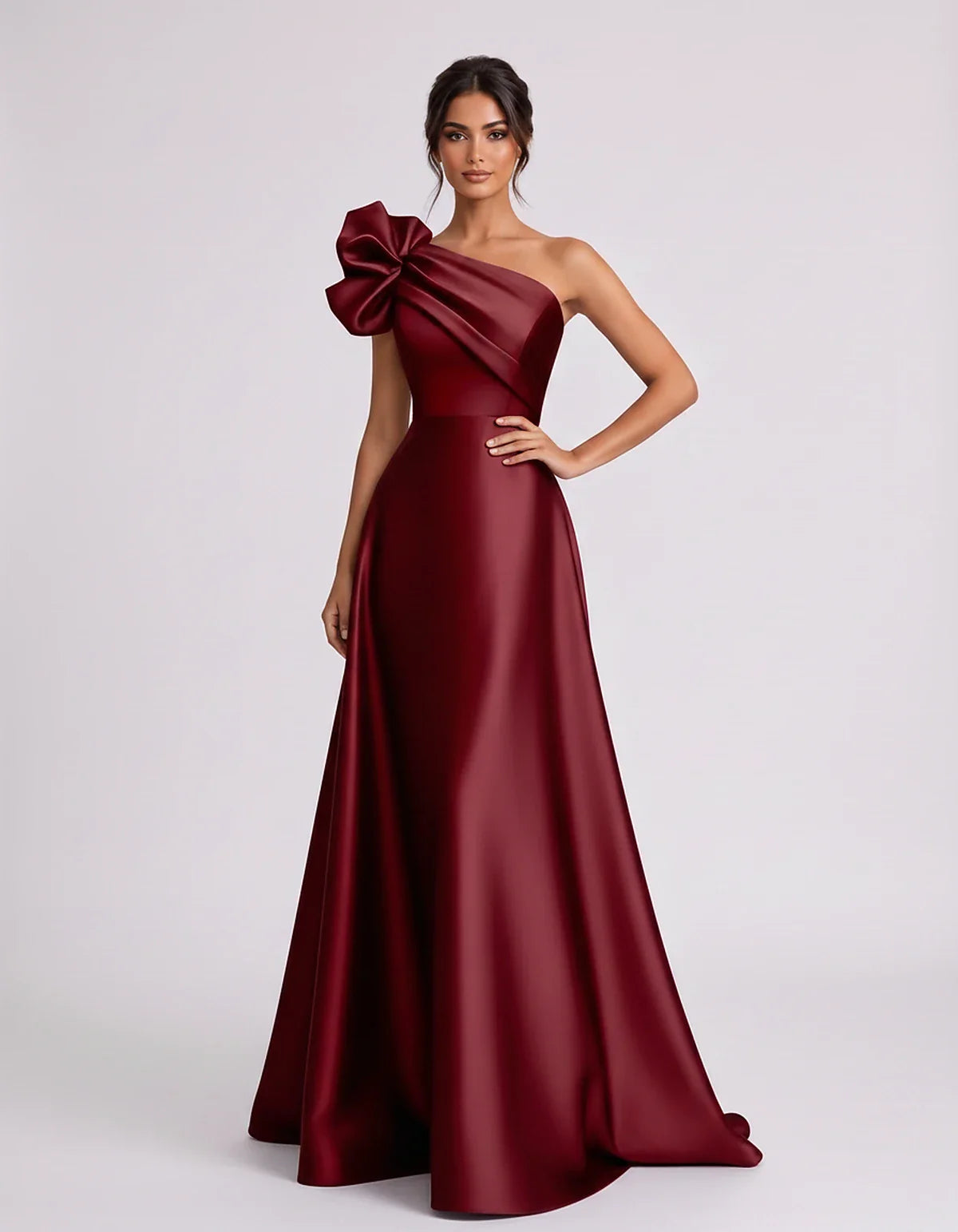 Satin Sleeveless One-Shoulder A-Line Maxi Dress for Party, Cocktail, Evening, Wedding Guest, Summer Formal Events, front view | SKU: VMD-583920174628451-BURGUNDY-L,VMD-583920174628451-BURGUNDY-M,VMD-583920174628451-BURGUNDY-S,VMD-583920174628451-BURGUNDY-XL,VMD-583920174628451-BURGUNDY-XS