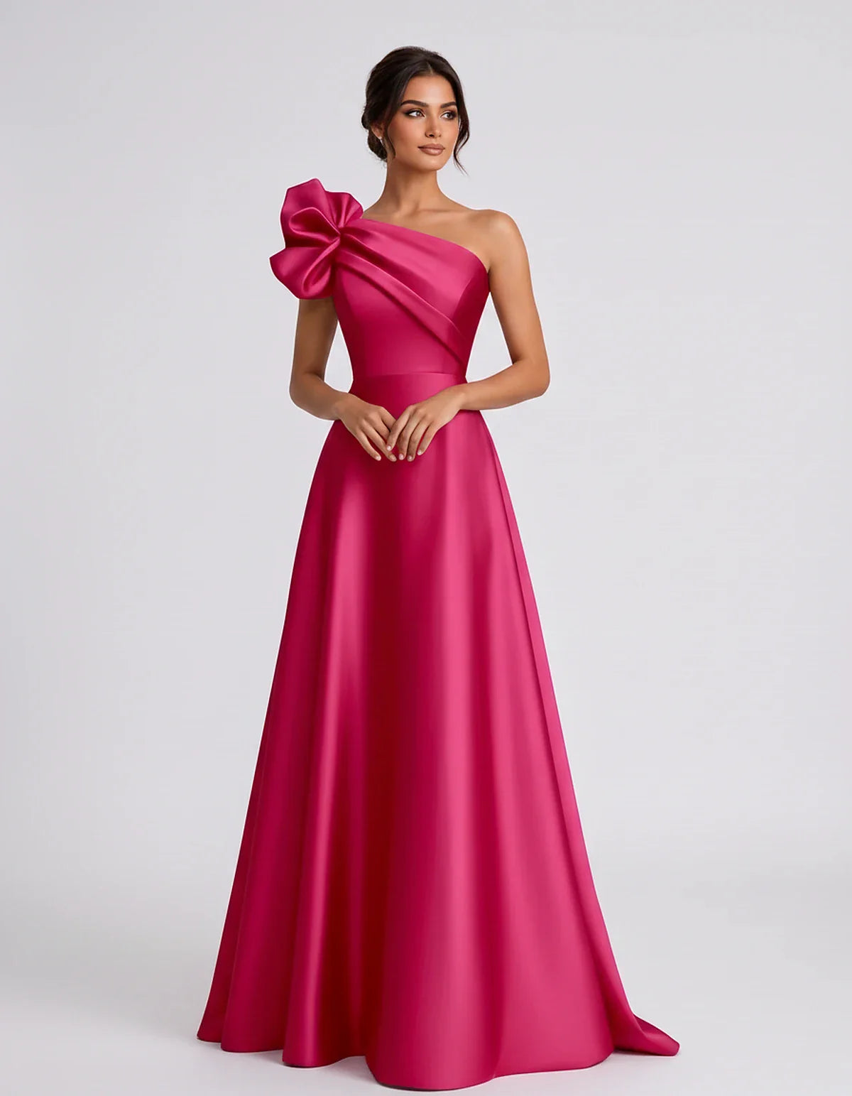 Satin Sleeveless One-Shoulder A-Line Maxi Dress for Party, Cocktail, Evening, Wedding Guest, Summer Formal Events, front view | SKU: VMD-583920174628451-FUCHSIA-L,VMD-583920174628451-FUCHSIA-M,VMD-583920174628451-FUCHSIA-S,VMD-583920174628451-FUCHSIA-XL,VMD-583920174628451-FUCHSIA-XS
