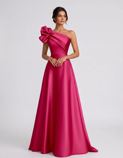 Satin Sleeveless One-Shoulder A-Line Maxi Dress for Party, Cocktail, Evening, Wedding Guest, Summer Formal Events, front view | SKU: VMD-583920174628451-FUCHSIA-L,VMD-583920174628451-FUCHSIA-M,VMD-583920174628451-FUCHSIA-S,VMD-583920174628451-FUCHSIA-XL,VMD-583920174628451-FUCHSIA-XS