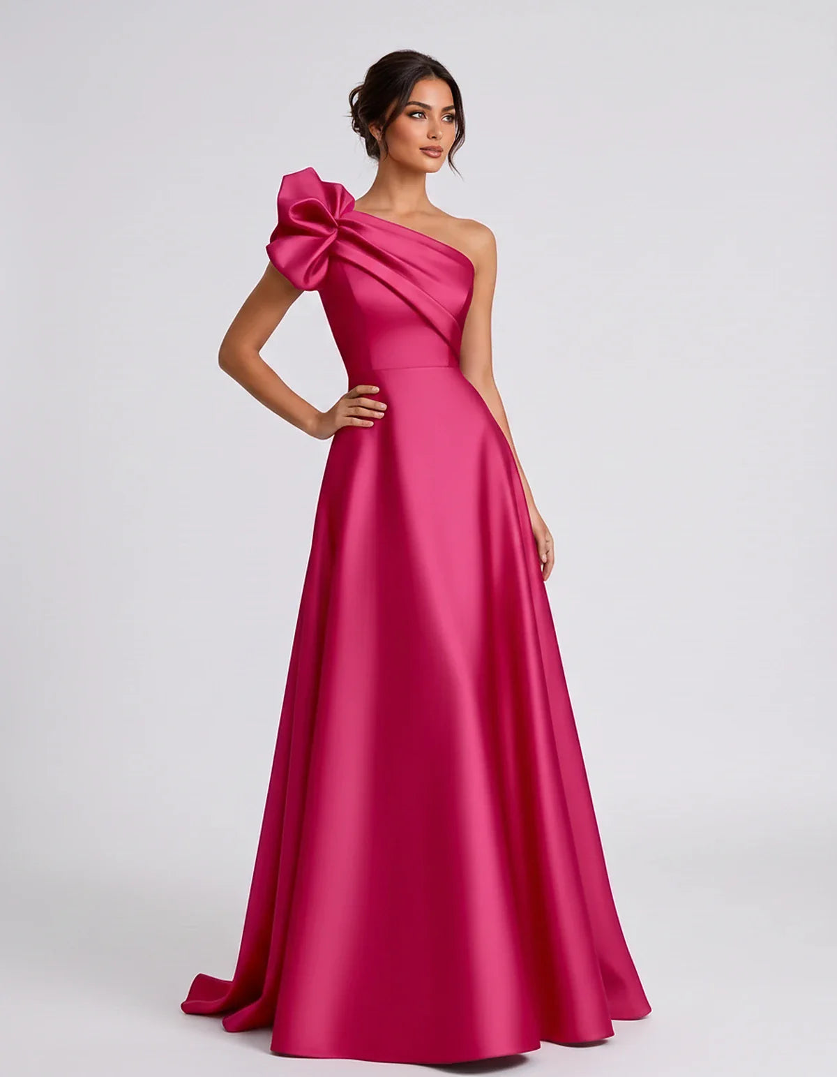 Satin Sleeveless One-Shoulder A-Line Maxi Dress for Party, Cocktail, Evening, Wedding Guest, Summer Formal Events, front view | SKU: VMD-583920174628451-FUCHSIA-L,VMD-583920174628451-FUCHSIA-M,VMD-583920174628451-FUCHSIA-S,VMD-583920174628451-FUCHSIA-XL,VMD-583920174628451-FUCHSIA-XS