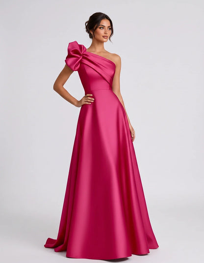 Satin Sleeveless One-Shoulder A-Line Maxi Dress for Party, Cocktail, Evening, Wedding Guest, Summer Formal Events, front view | SKU: VMD-583920174628451-FUCHSIA-L,VMD-583920174628451-FUCHSIA-M,VMD-583920174628451-FUCHSIA-S,VMD-583920174628451-FUCHSIA-XL,VMD-583920174628451-FUCHSIA-XS