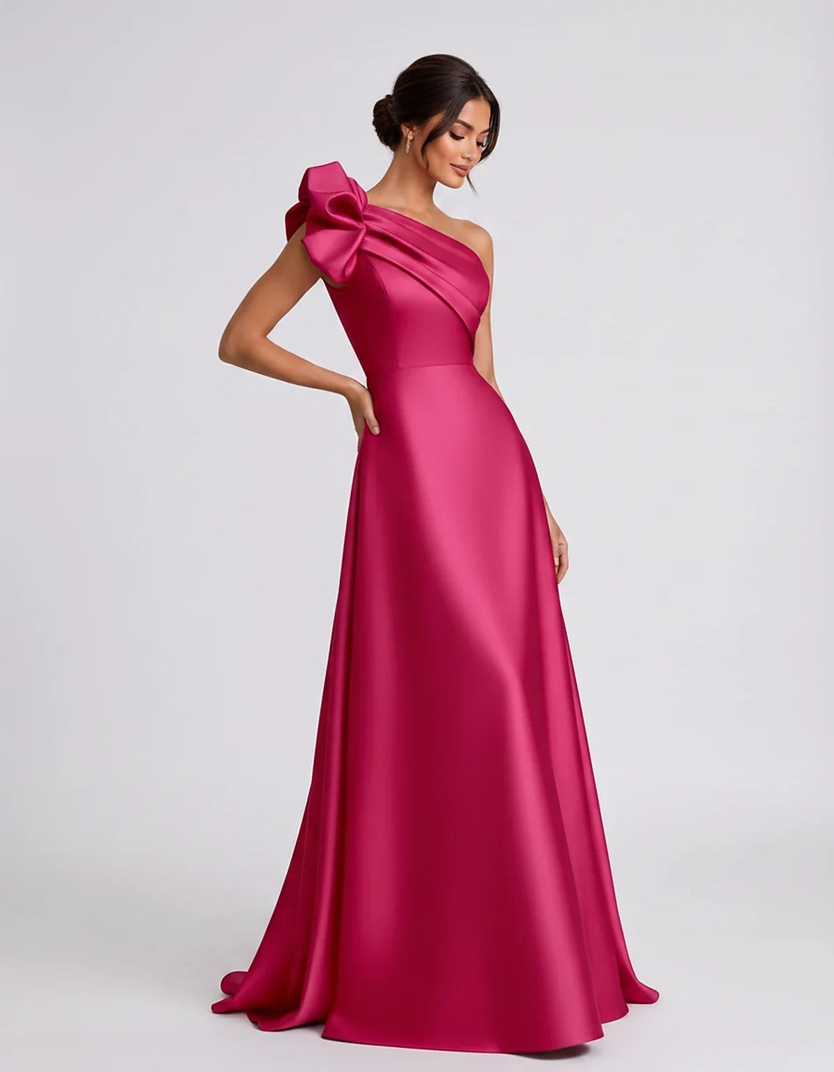 Satin Sleeveless One-Shoulder A-Line Maxi Dress for Party, Cocktail, Evening, Wedding Guest, Summer Formal Events, front view | SKU: VMD-583920174628451-FUCHSIA-L,VMD-583920174628451-FUCHSIA-M,VMD-583920174628451-FUCHSIA-S,VMD-583920174628451-FUCHSIA-XL,VMD-583920174628451-FUCHSIA-XS