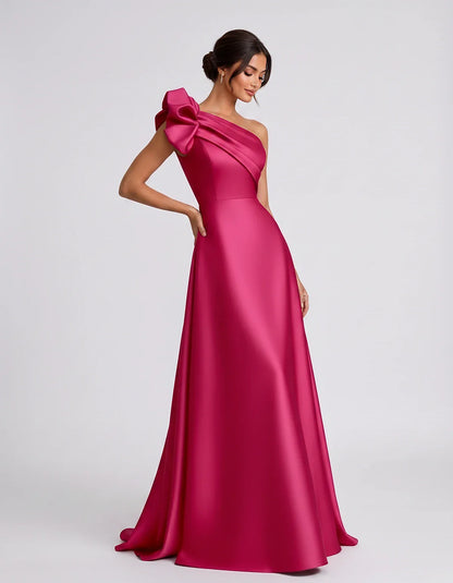 Satin Sleeveless One-Shoulder A-Line Maxi Dress for Party, Cocktail, Evening, Wedding Guest, Summer Formal Events, front view | SKU: VMD-583920174628451-FUCHSIA-L,VMD-583920174628451-FUCHSIA-M,VMD-583920174628451-FUCHSIA-S,VMD-583920174628451-FUCHSIA-XL,VMD-583920174628451-FUCHSIA-XS
