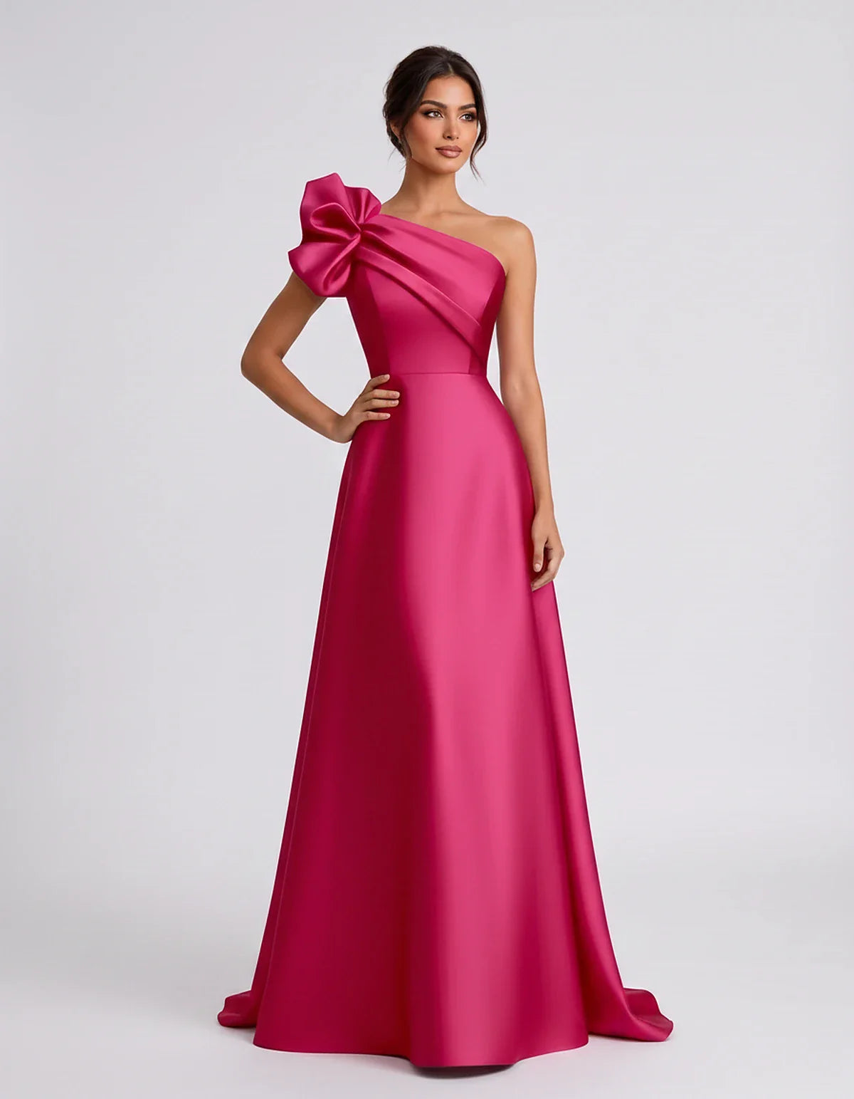 Satin Sleeveless One-Shoulder A-Line Maxi Dress for Party, Cocktail, Evening, Wedding Guest, Summer Formal Events, front view | SKU: VMD-583920174628451-FUCHSIA-L,VMD-583920174628451-FUCHSIA-M,VMD-583920174628451-FUCHSIA-S,VMD-583920174628451-FUCHSIA-XL,VMD-583920174628451-FUCHSIA-XS