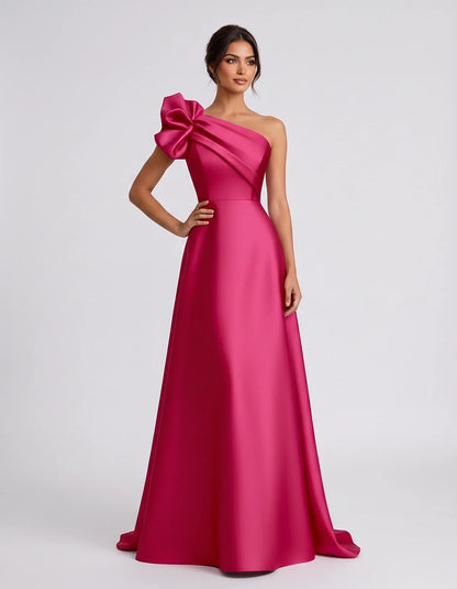 Satin Sleeveless One-Shoulder A-Line Maxi Dress for Party, Cocktail, Evening, Wedding Guest, Summer Formal Events, front view | SKU: VMD-583920174628451-FUCHSIA-L,VMD-583920174628451-FUCHSIA-M,VMD-583920174628451-FUCHSIA-S,VMD-583920174628451-FUCHSIA-XL,VMD-583920174628451-FUCHSIA-XS