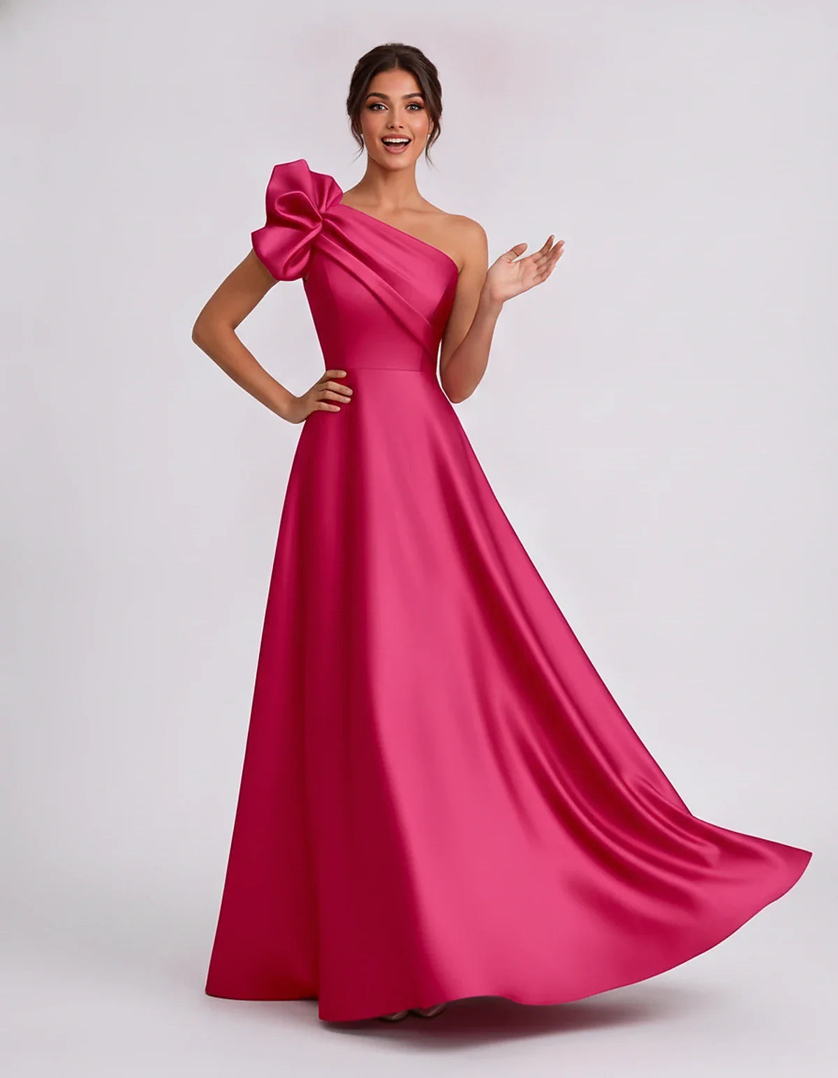 Satin Sleeveless One-Shoulder A-Line Maxi Dress for Party, Cocktail, Evening, Wedding Guest, Summer Formal Events, front view | SKU: VMD-583920174628451-FUCHSIA-L,VMD-583920174628451-FUCHSIA-M,VMD-583920174628451-FUCHSIA-S,VMD-583920174628451-FUCHSIA-XL,VMD-583920174628451-FUCHSIA-XS