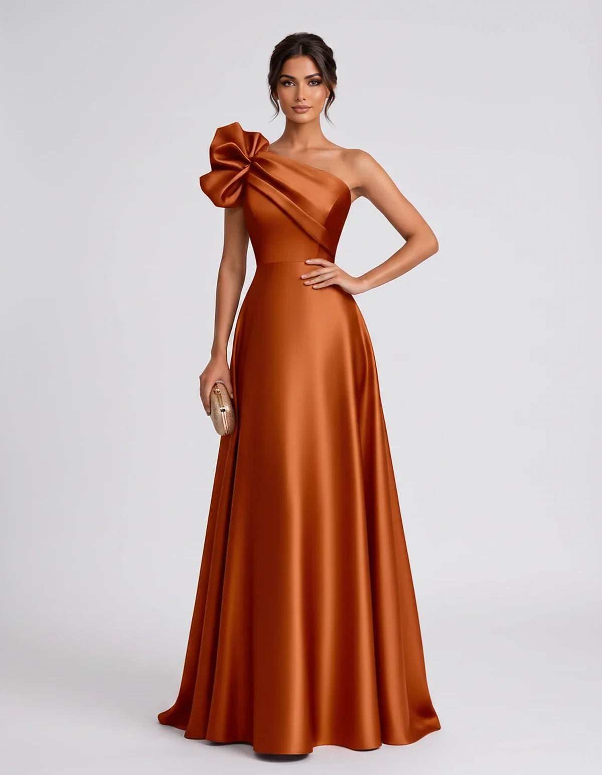 Satin Sleeveless One-Shoulder A-Line Maxi Dress for Party, Cocktail, Evening, Wedding Guest, Summer Formal Events, front view | SKU: VMD-583920174628451-ORANGE-L,VMD-583920174628451-ORANGE-M,VMD-583920174628451-ORANGE-S,VMD-583920174628451-ORANGE-XL,VMD-583920174628451-ORANGE-XS