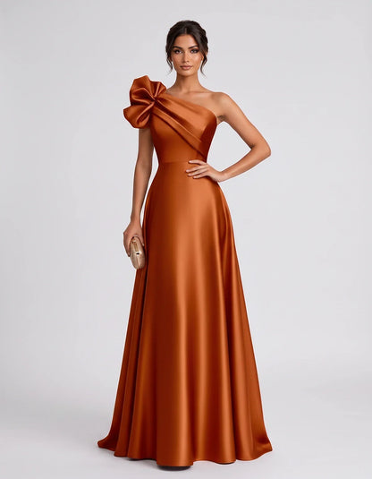 Satin Sleeveless One-Shoulder A-Line Maxi Dress for Party, Cocktail, Evening, Wedding Guest, Summer Formal Events, front view | SKU: VMD-583920174628451-ORANGE-L,VMD-583920174628451-ORANGE-M,VMD-583920174628451-ORANGE-S,VMD-583920174628451-ORANGE-XL,VMD-583920174628451-ORANGE-XS