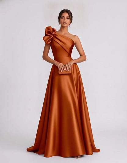 Satin Sleeveless One-Shoulder A-Line Maxi Dress for Party, Cocktail, Evening, Wedding Guest, Summer Formal Events, front view | SKU: VMD-583920174628451-ORANGE-L,VMD-583920174628451-ORANGE-M,VMD-583920174628451-ORANGE-S,VMD-583920174628451-ORANGE-XL,VMD-583920174628451-ORANGE-XS