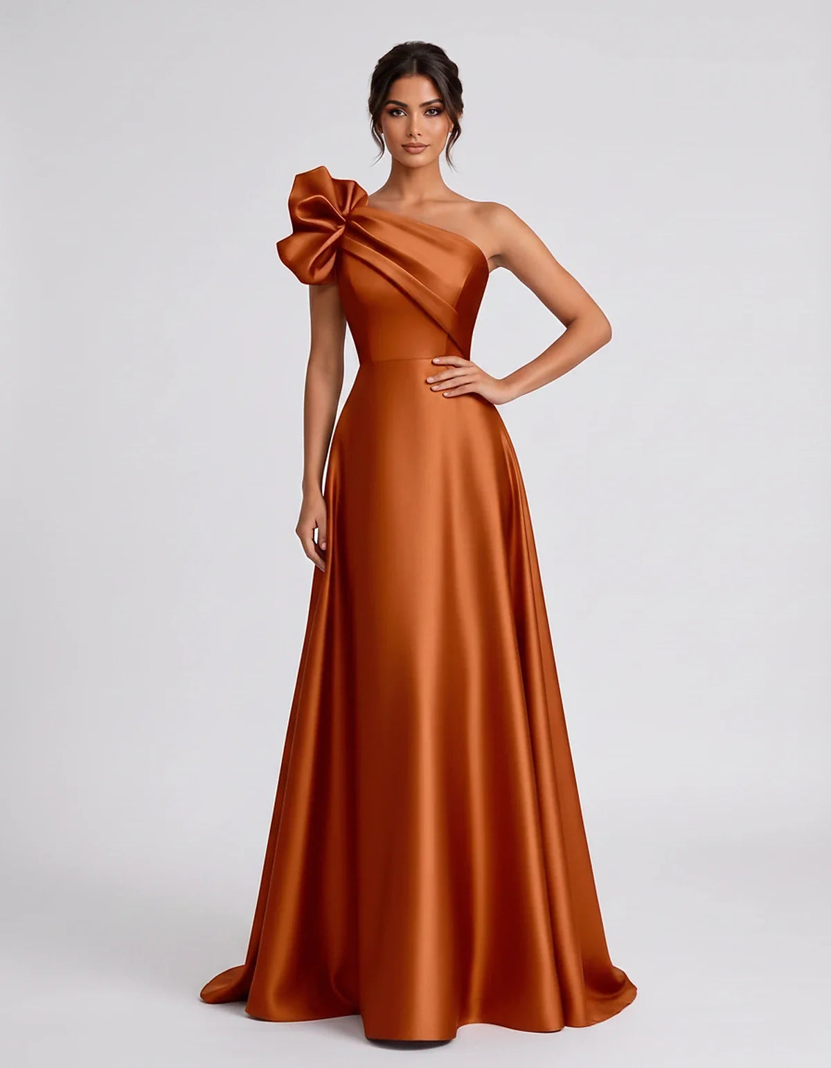 Satin Sleeveless One-Shoulder A-Line Maxi Dress for Party, Cocktail, Evening, Wedding Guest, Summer Formal Events, front view | SKU: VMD-583920174628451-ORANGE-L,VMD-583920174628451-ORANGE-M,VMD-583920174628451-ORANGE-S,VMD-583920174628451-ORANGE-XL,VMD-583920174628451-ORANGE-XS