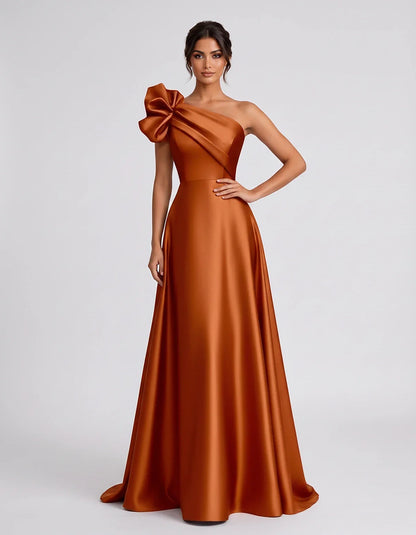 Satin Sleeveless One-Shoulder A-Line Maxi Dress for Party, Cocktail, Evening, Wedding Guest, Summer Formal Events, front view | SKU: VMD-583920174628451-ORANGE-L,VMD-583920174628451-ORANGE-M,VMD-583920174628451-ORANGE-S,VMD-583920174628451-ORANGE-XL,VMD-583920174628451-ORANGE-XS