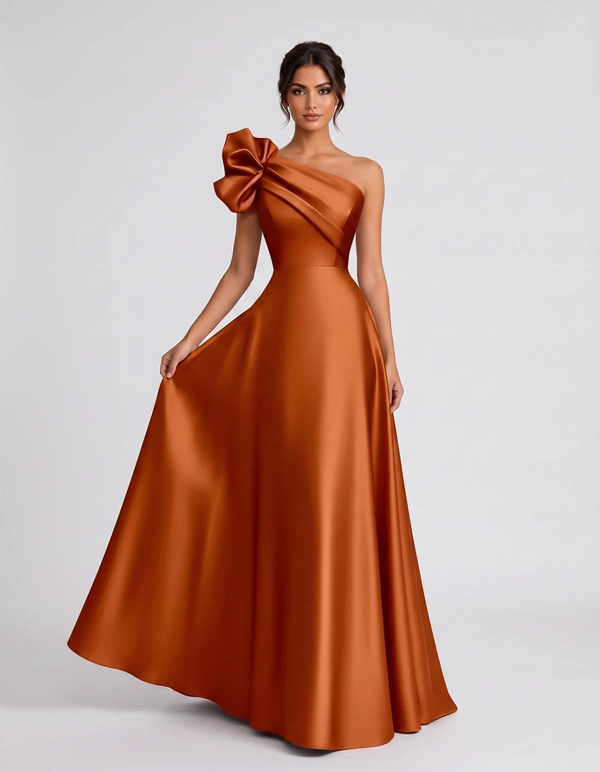Satin Sleeveless One-Shoulder A-Line Maxi Dress for Party, Cocktail, Evening, Wedding Guest, Summer Formal Events, front view | SKU: VMD-583920174628451-ORANGE-L,VMD-583920174628451-ORANGE-M,VMD-583920174628451-ORANGE-S,VMD-583920174628451-ORANGE-XL,VMD-583920174628451-ORANGE-XS