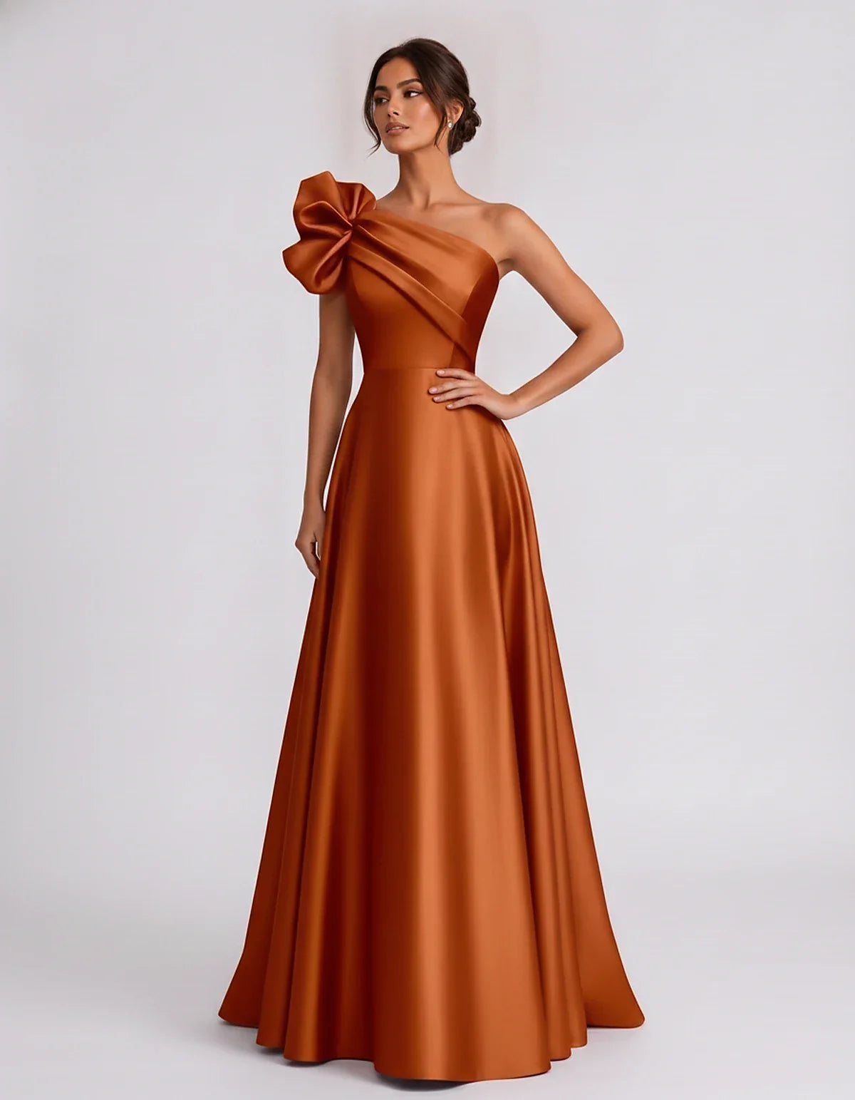 Satin Sleeveless One-Shoulder A-Line Maxi Dress for Party, Cocktail, Evening, Wedding Guest, Summer Formal Events, front view | SKU: VMD-583920174628451-ORANGE-L,VMD-583920174628451-ORANGE-M,VMD-583920174628451-ORANGE-S,VMD-583920174628451-ORANGE-XL,VMD-583920174628451-ORANGE-XS