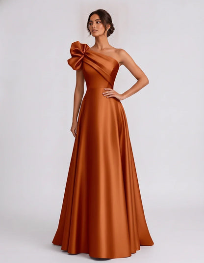 Satin Sleeveless One-Shoulder A-Line Maxi Dress for Party, Cocktail, Evening, Wedding Guest, Summer Formal Events, front view | SKU: VMD-583920174628451-ORANGE-L,VMD-583920174628451-ORANGE-M,VMD-583920174628451-ORANGE-S,VMD-583920174628451-ORANGE-XL,VMD-583920174628451-ORANGE-XS
