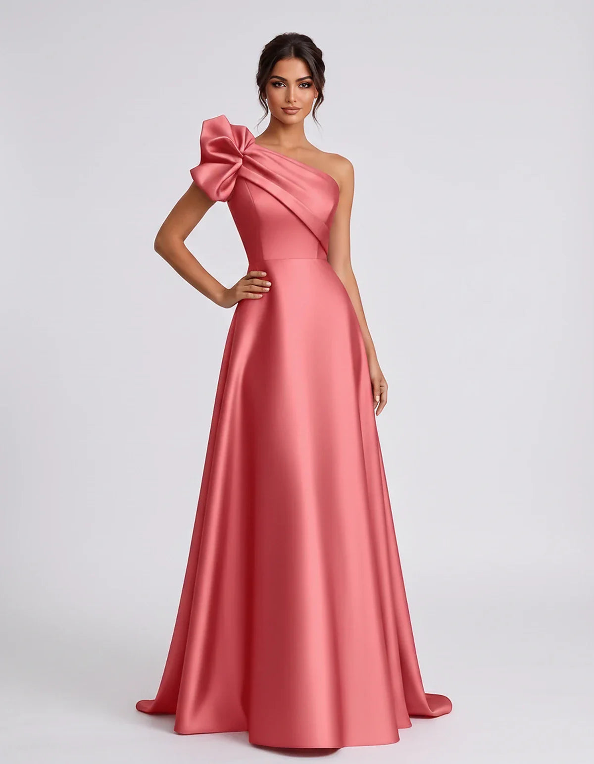 Satin Sleeveless One-Shoulder A-Line Maxi Dress for Party, Cocktail, Evening, Wedding Guest, Summer Formal Events, front view | SKU: VMD-583920174628451-CORAL-L,VMD-583920174628451-CORAL-M,VMD-583920174628451-CORAL-S,VMD-583920174628451-CORAL-XL,VMD-583920174628451-CORAL-XS
