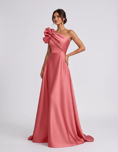 Satin Sleeveless One-Shoulder A-Line Maxi Dress for Party, Cocktail, Evening, Wedding Guest, Summer Formal Events, front view | SKU: VMD-583920174628451-CORAL-L,VMD-583920174628451-CORAL-M,VMD-583920174628451-CORAL-S,VMD-583920174628451-CORAL-XL,VMD-583920174628451-CORAL-XS