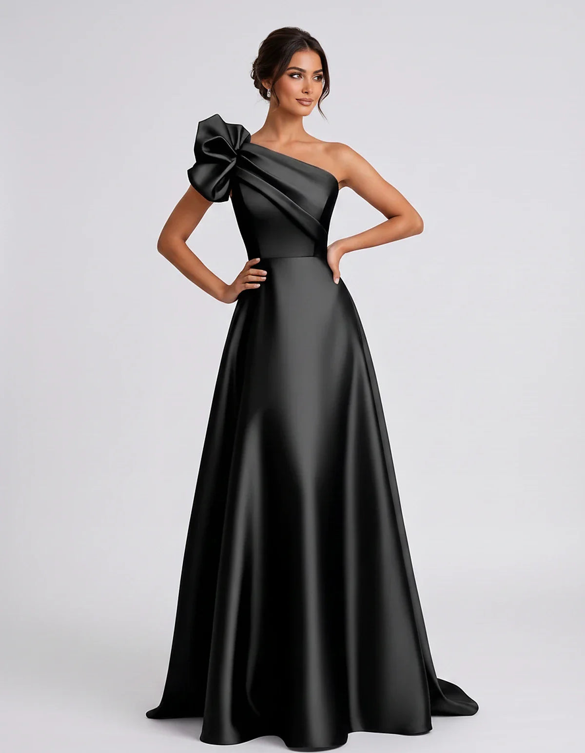 Satin Sleeveless One-Shoulder A-Line Maxi Dress for Party, Cocktail, Evening, Wedding Guest, Summer Formal Events, front view | SKU: VMD-583920174628451-BLACK-L,VMD-583920174628451-BLACK-M,VMD-583920174628451-BLACK-S,VMD-583920174628451-BLACK-XL,VMD-583920174628451-BLACK-XS