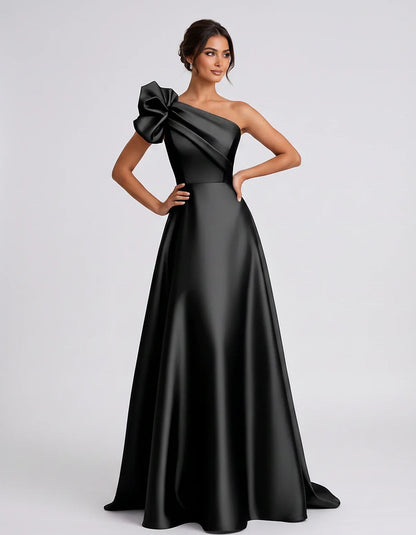Satin Sleeveless One-Shoulder A-Line Maxi Dress for Party, Cocktail, Evening, Wedding Guest, Summer Formal Events, front view | SKU: VMD-583920174628451-BLACK-L,VMD-583920174628451-BLACK-M,VMD-583920174628451-BLACK-S,VMD-583920174628451-BLACK-XL,VMD-583920174628451-BLACK-XS