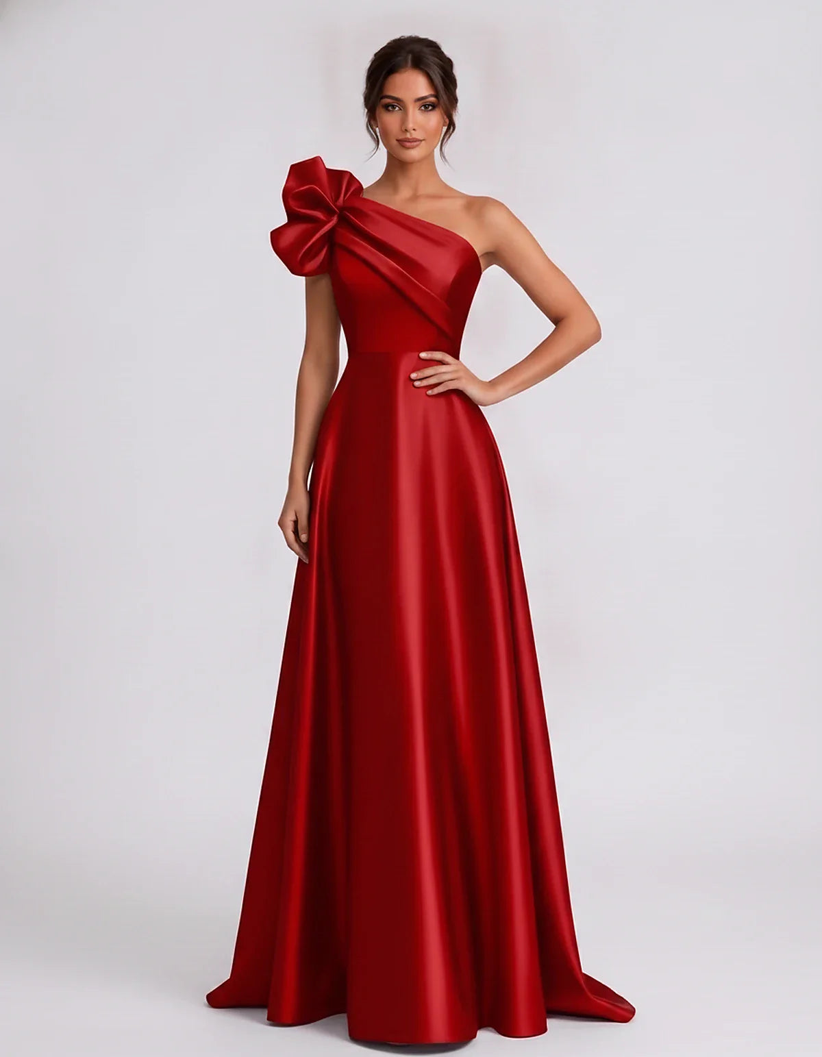 Satin Sleeveless One-Shoulder A-Line Maxi Dress for Party, Cocktail, Evening, Wedding Guest, Summer Formal Events, front view | SKU: VMD-583920174628451-RED-L,VMD-583920174628451-RED-M,VMD-583920174628451-RED-S,VMD-583920174628451-RED-XL,VMD-583920174628451-RED-XS