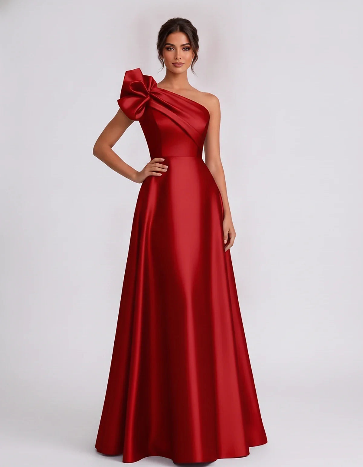 Satin Sleeveless One-Shoulder A-Line Maxi Dress for Party, Cocktail, Evening, Wedding Guest, Summer Formal Events, front view | SKU: VMD-583920174628451-RED-L,VMD-583920174628451-RED-M,VMD-583920174628451-RED-S,VMD-583920174628451-RED-XL,VMD-583920174628451-RED-XS
