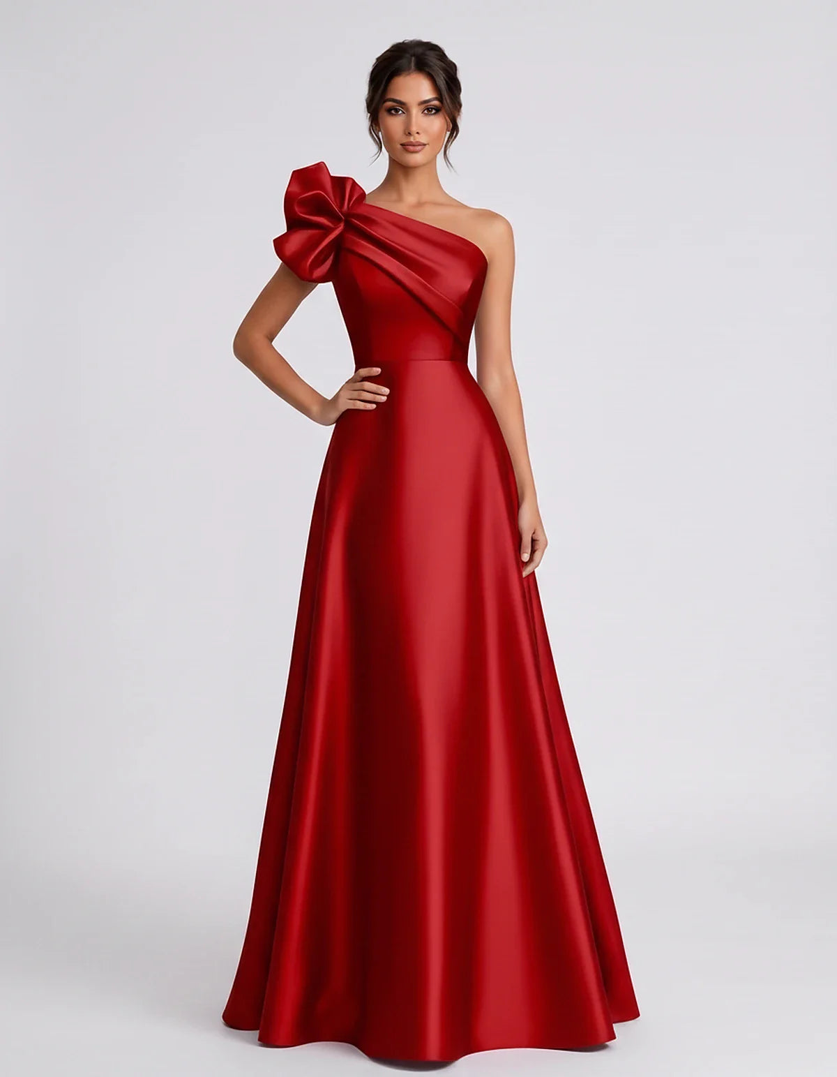 Satin Sleeveless One-Shoulder A-Line Maxi Dress for Party, Cocktail, Evening, Wedding Guest, Summer Formal Events, front view | SKU: VMD-583920174628451-RED-L,VMD-583920174628451-RED-M,VMD-583920174628451-RED-S,VMD-583920174628451-RED-XL,VMD-583920174628451-RED-XS