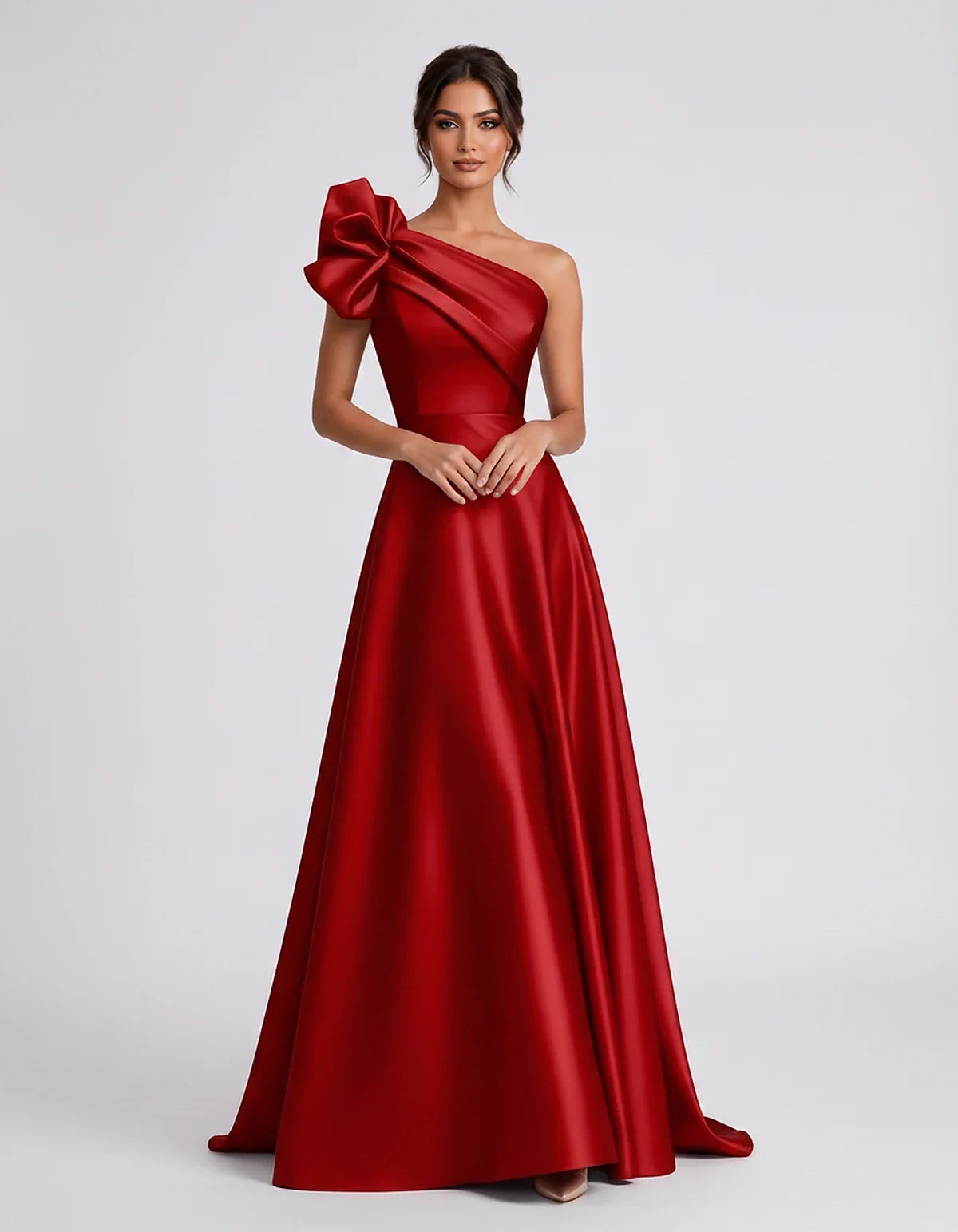 Satin Sleeveless One-Shoulder A-Line Maxi Dress for Party, Cocktail, Evening, Wedding Guest, Summer Formal Events, front view | SKU: VMD-583920174628451-RED-L,VMD-583920174628451-RED-M,VMD-583920174628451-RED-S,VMD-583920174628451-RED-XL,VMD-583920174628451-RED-XS