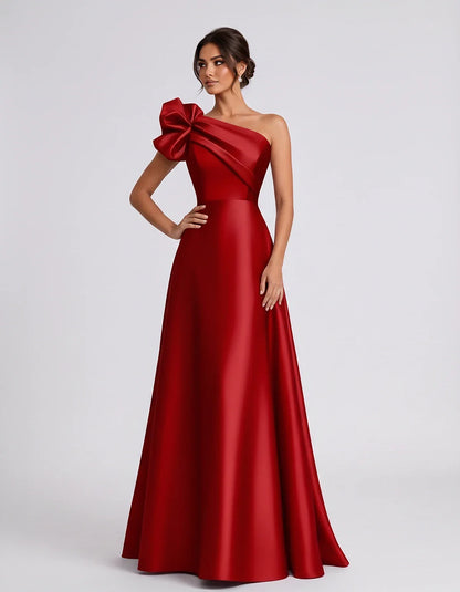 Satin Sleeveless One-Shoulder A-Line Maxi Dress for Party, Cocktail, Evening, Wedding Guest, Summer Formal Events, front view | SKU: VMD-583920174628451-RED-L,VMD-583920174628451-RED-M,VMD-583920174628451-RED-S,VMD-583920174628451-RED-XL,VMD-583920174628451-RED-XS
